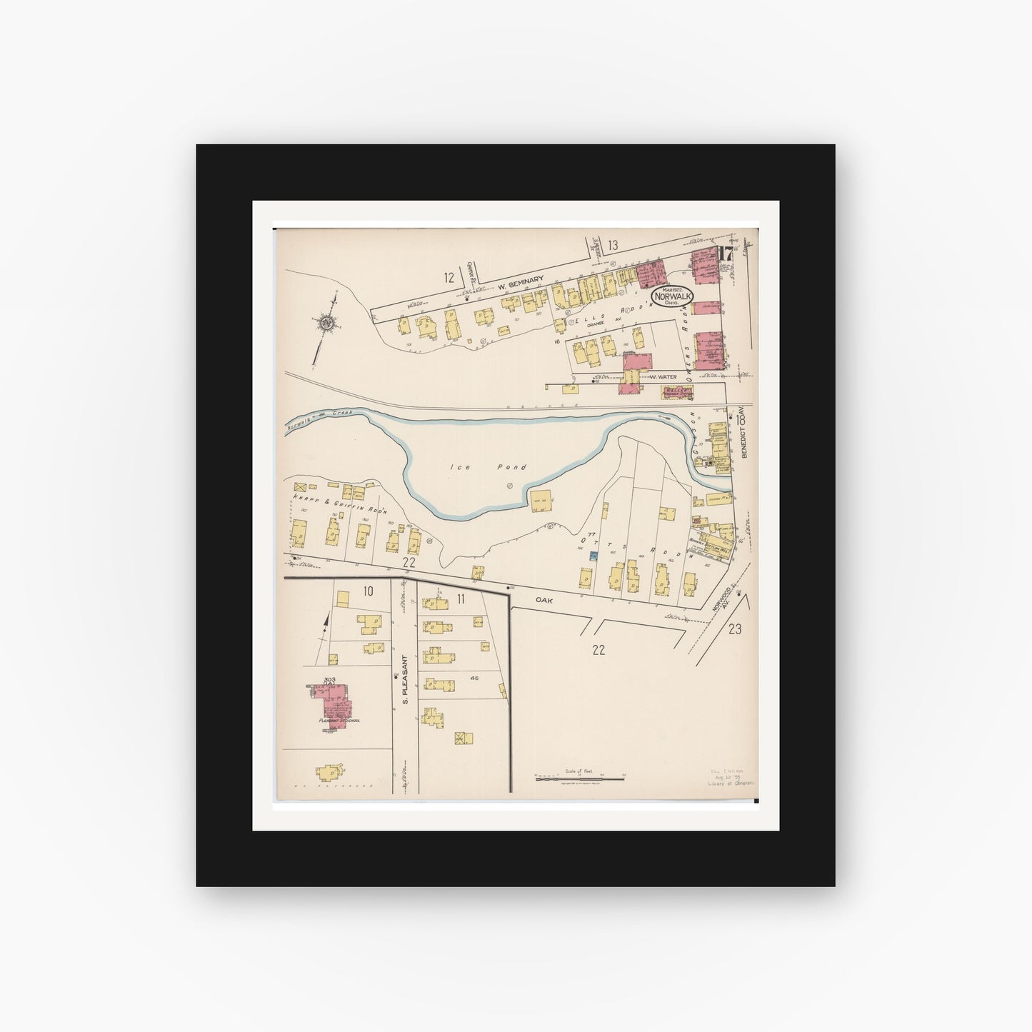 Old map wall art mockup — black gallery frame with white mat — Sanborn Fire Insurance Map from Norwalk, Huron County, Ohio (1922), Sheet #0017