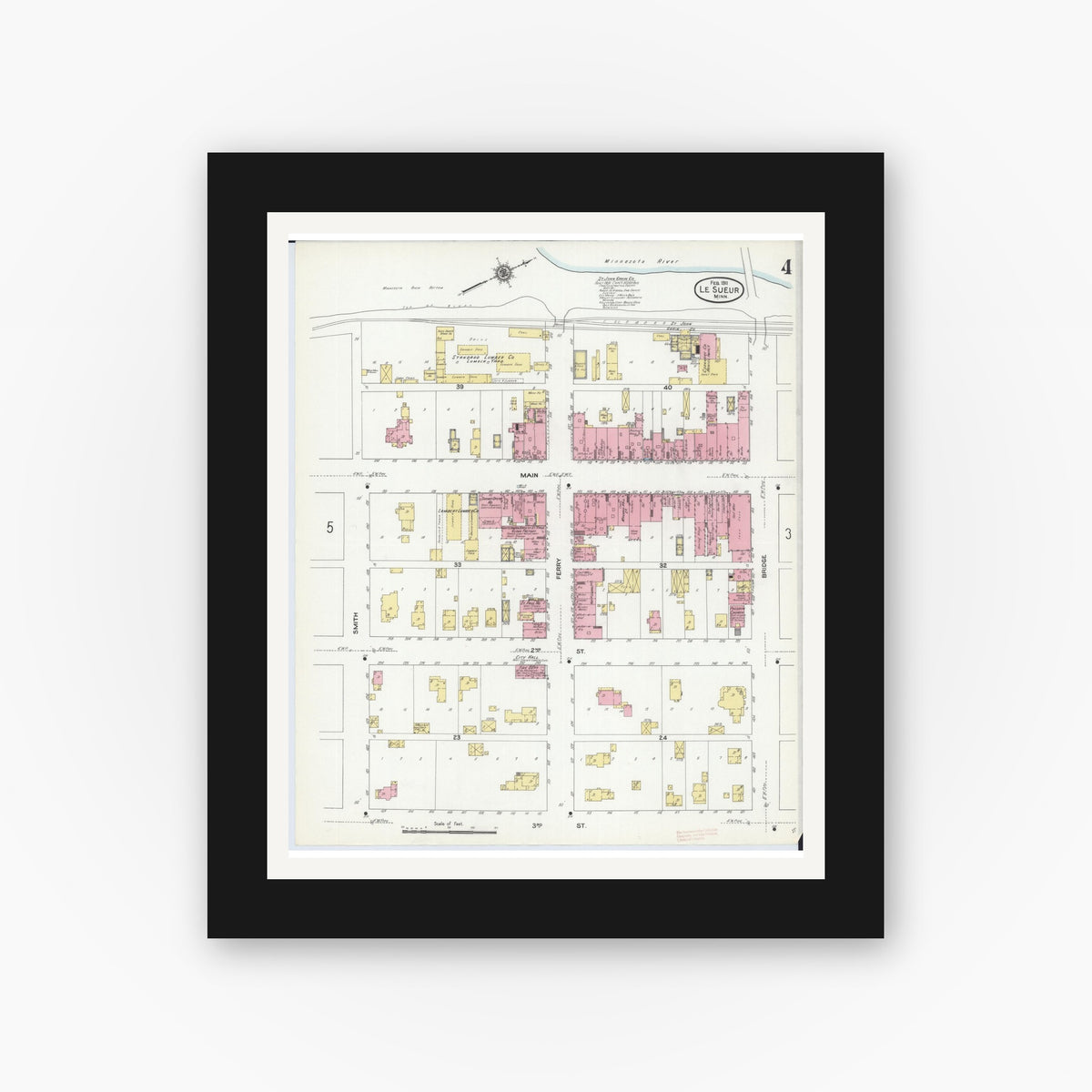 Old map wall art mockup — black gallery frame with white mat — Sanborn Fire Insurance Map from Le Sueur, Le Sueur County, Minnesota (1911), Sheet #0004