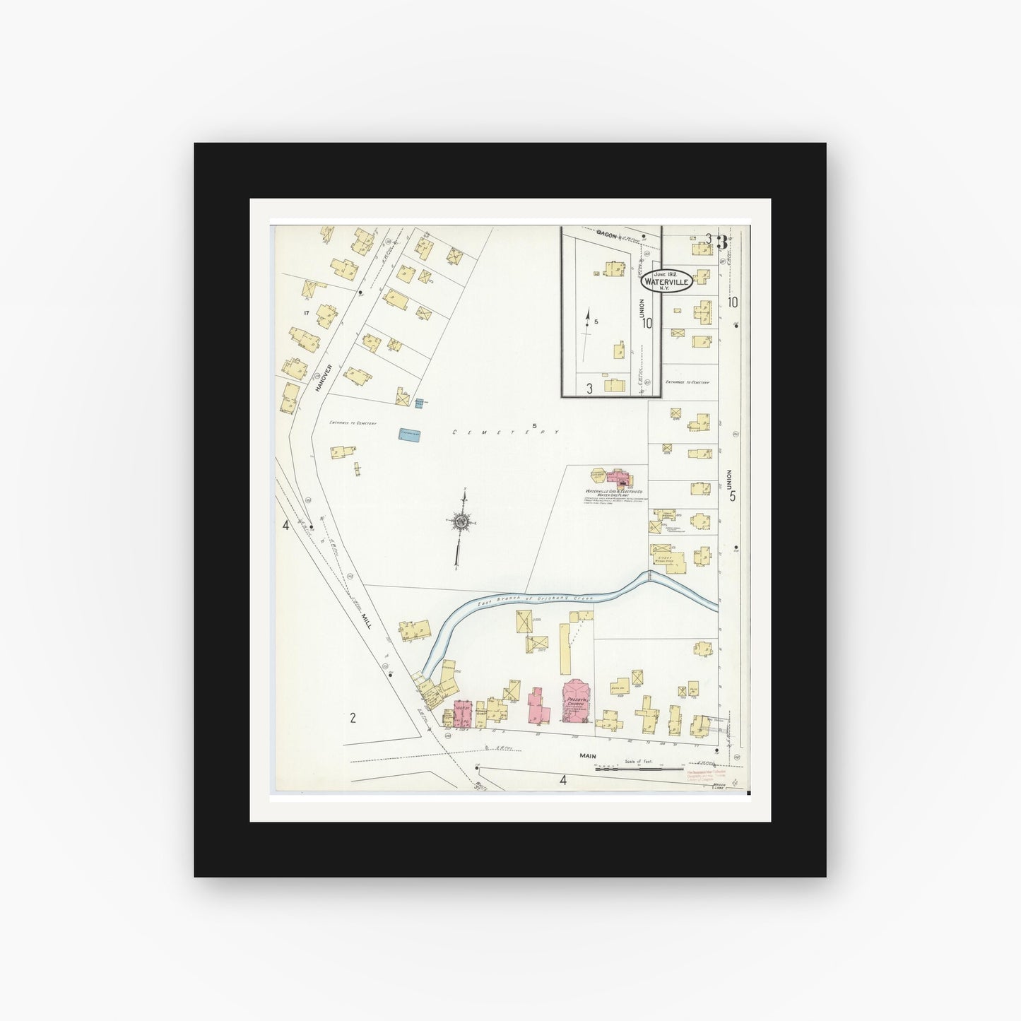 Old map wall art mockup — black gallery frame with white mat — Sanborn Fire Insurance Map from Waterville, Oneida County, New York (1912), Sheet #0003