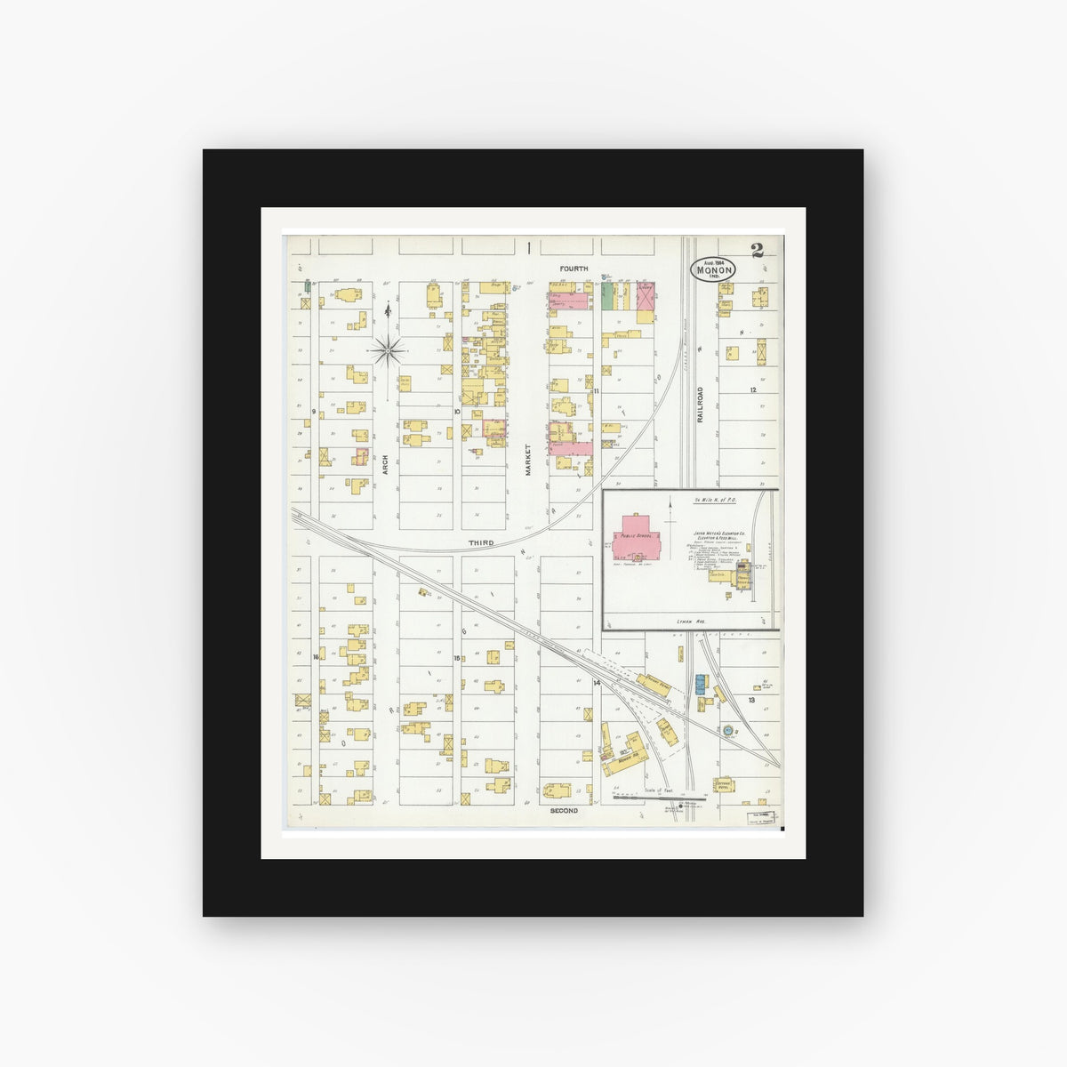 Old map wall art mockup — black gallery frame with white mat — Sanborn Fire Insurance Map from Monon, White County, Indiana (1904), Sheet #0002