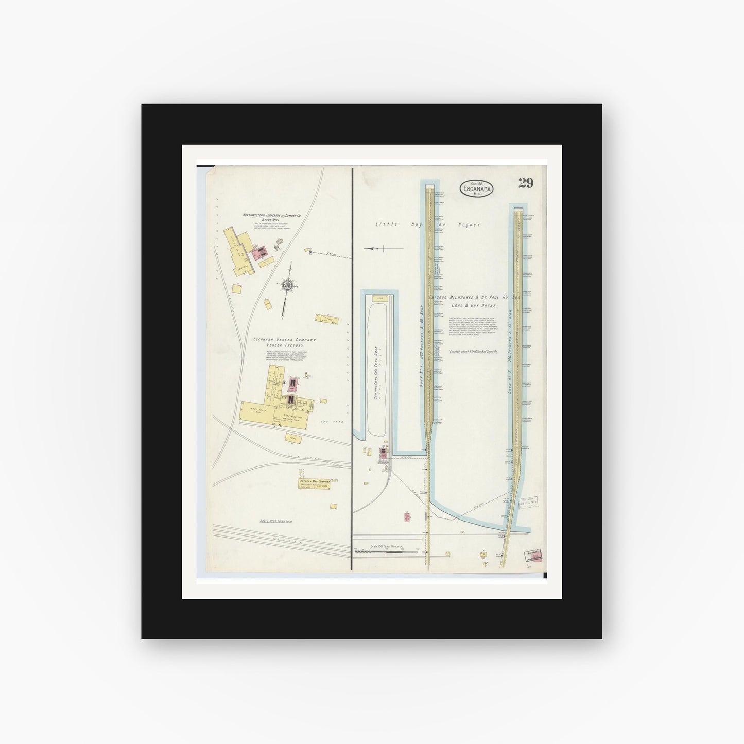 Old map wall art mockup — black gallery frame with white mat — Sanborn Fire Insurance Map from Escanaba, Delta County, Michigan (1913), Sheet #0029