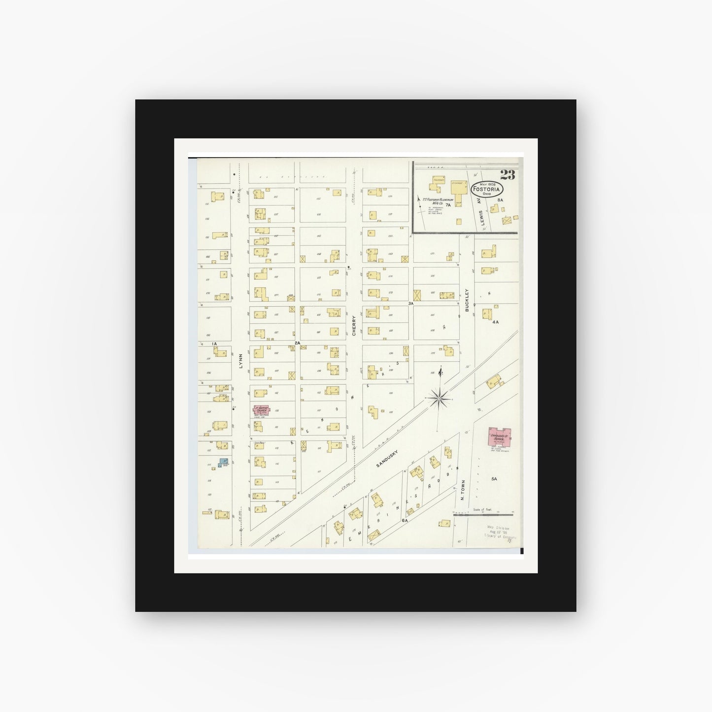 Old map wall art mockup — black gallery frame with white mat — Sanborn Fire Insurance Map from Fostoria, Seneca, Hancock, And Wood Counties, Ohio (1908), Sheet #0023