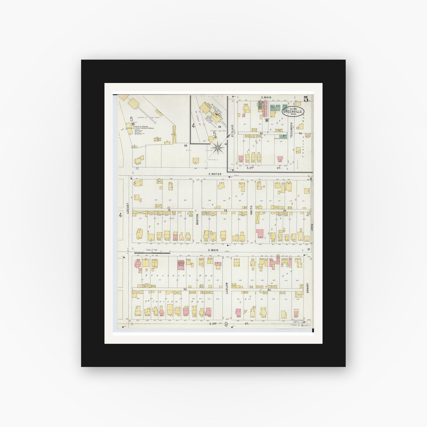Old map wall art mockup — black gallery frame with white mat — Sanborn Fire Insurance Map from Greenville, Darke County, Ohio (1898), Sheet #0005