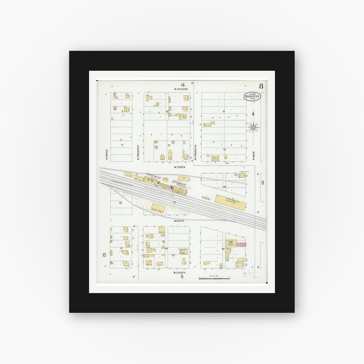 Old map wall art mockup — black gallery frame with white mat — Sanborn Fire Insurance Map from Rochester, Olmsted County, Minnesota (1899), Sheet #0008