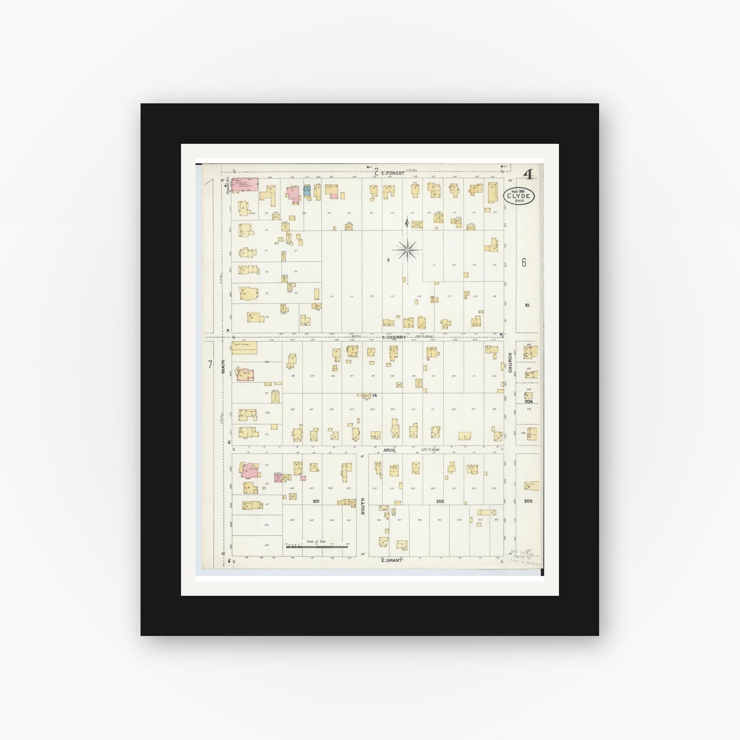 Old map wall art mockup — black gallery frame with white mat — Sanborn Fire Insurance Map from Clyde, Sandusky County, Ohio (1906), Sheet #0004