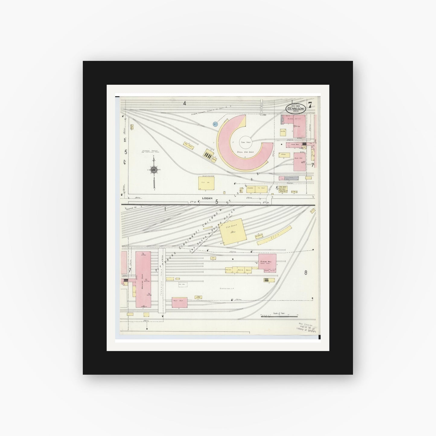 Old map wall art mockup — black gallery frame with white mat — Sanborn Fire Insurance Map from Dennison, Tuscarawas County, Ohio (1909), Sheet #0007