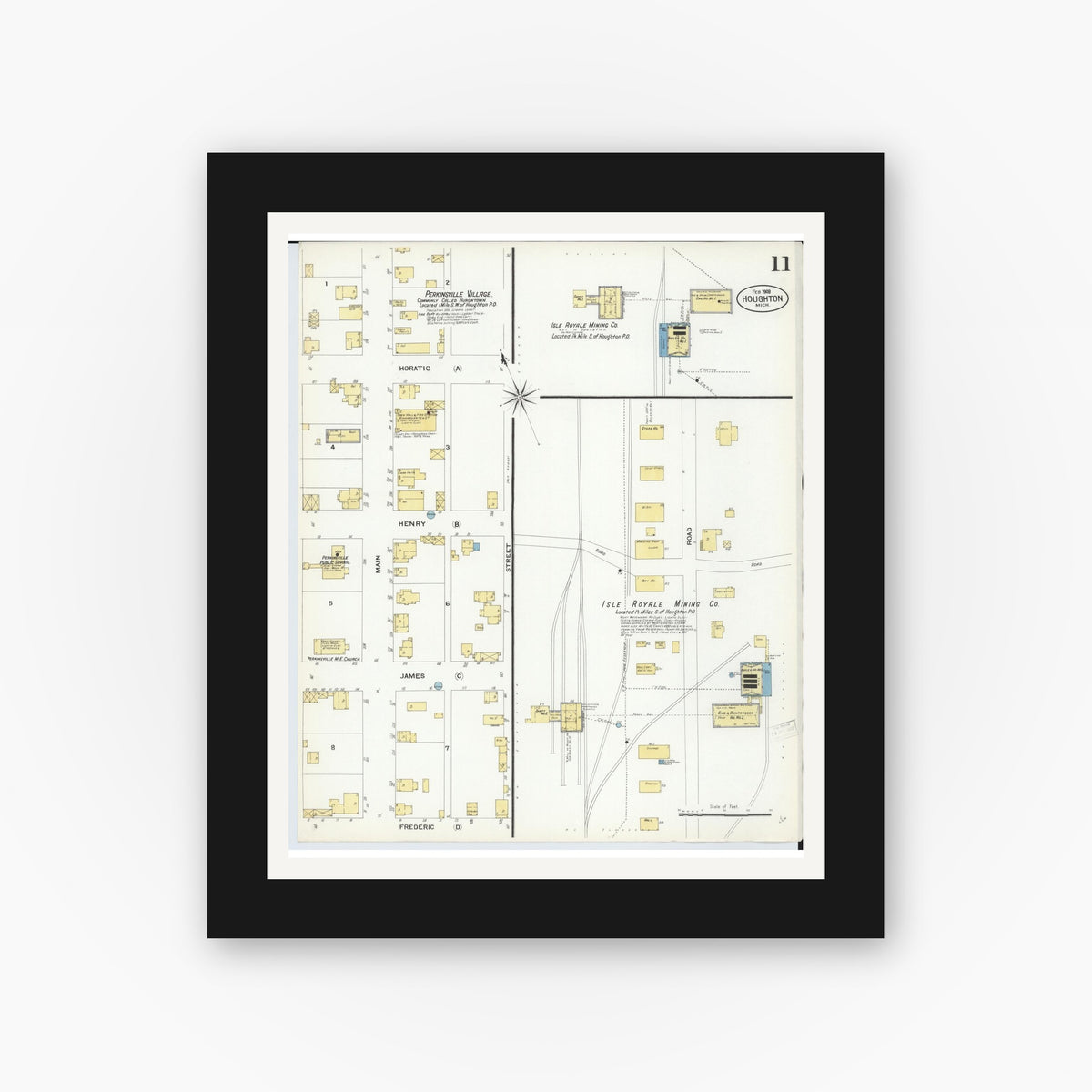 Old map wall art mockup — black gallery frame with white mat — Sanborn Fire Insurance Map from Houghton, Houghton County, Michigan (1908), Sheet #0011