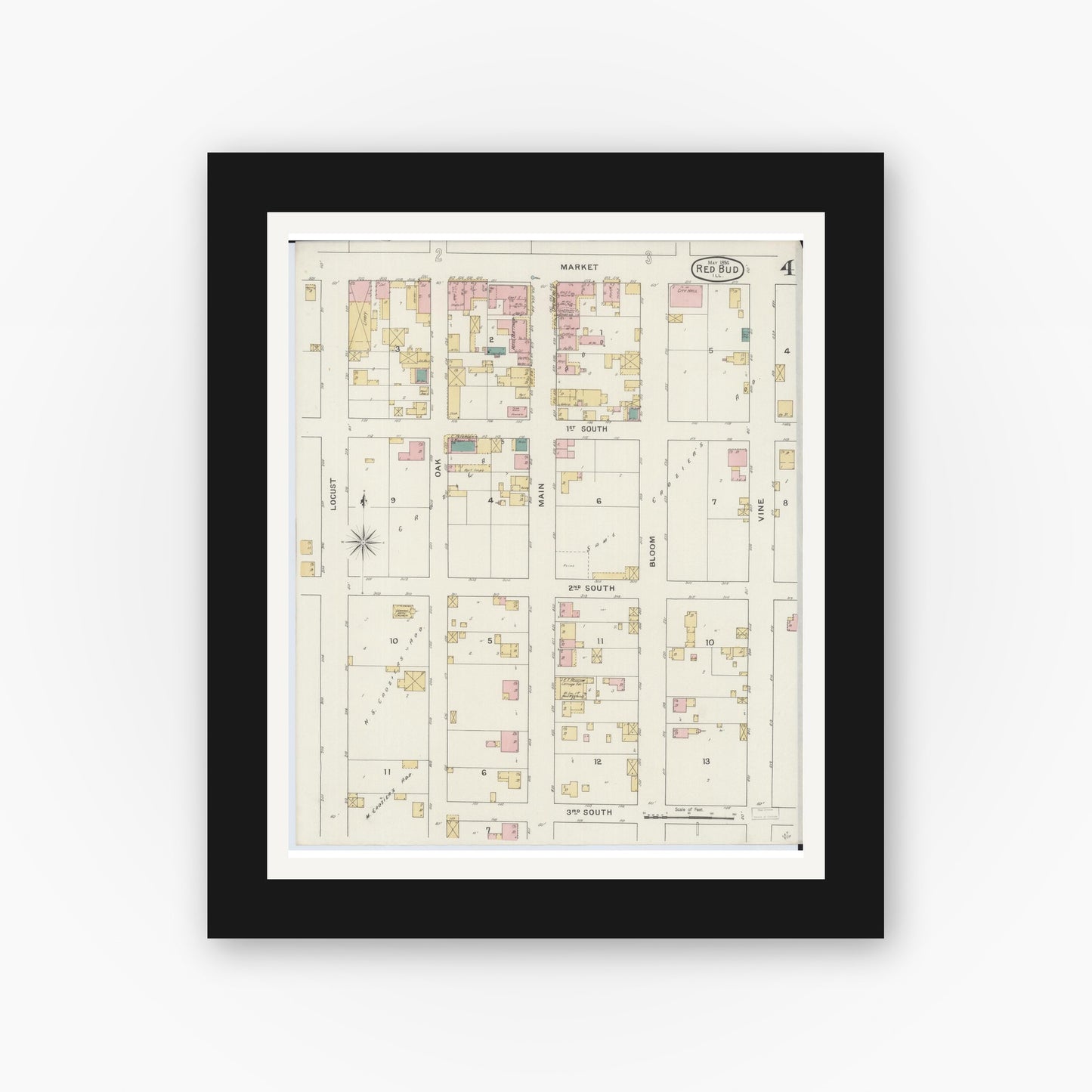 Old map wall art mockup — black gallery frame with white mat — Sanborn Fire Insurance Map from Red Bud, Randolph County, Illinois (1894), Sheet #0004