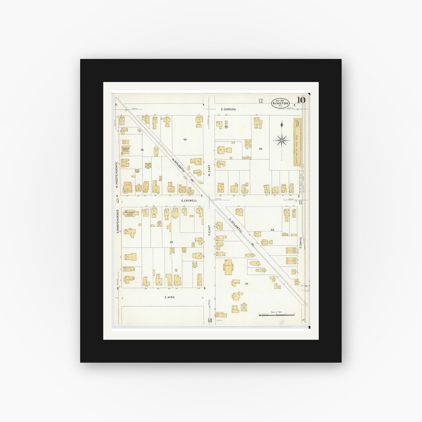 Old map wall art mockup — black gallery frame with white mat — Sanborn Fire Insurance Map from Kinston, Lenoir County, North Carolina (1908), Sheet #0010