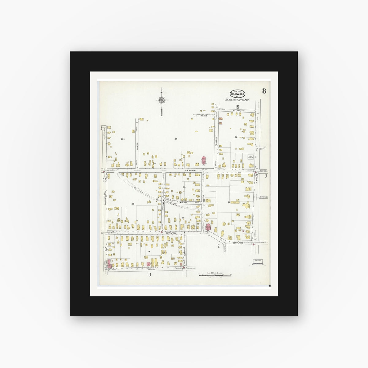 Old map wall art mockup — black gallery frame with white mat — Sanborn Fire Insurance Map from Norwich, Chenango County, New York (1917), Sheet #0008