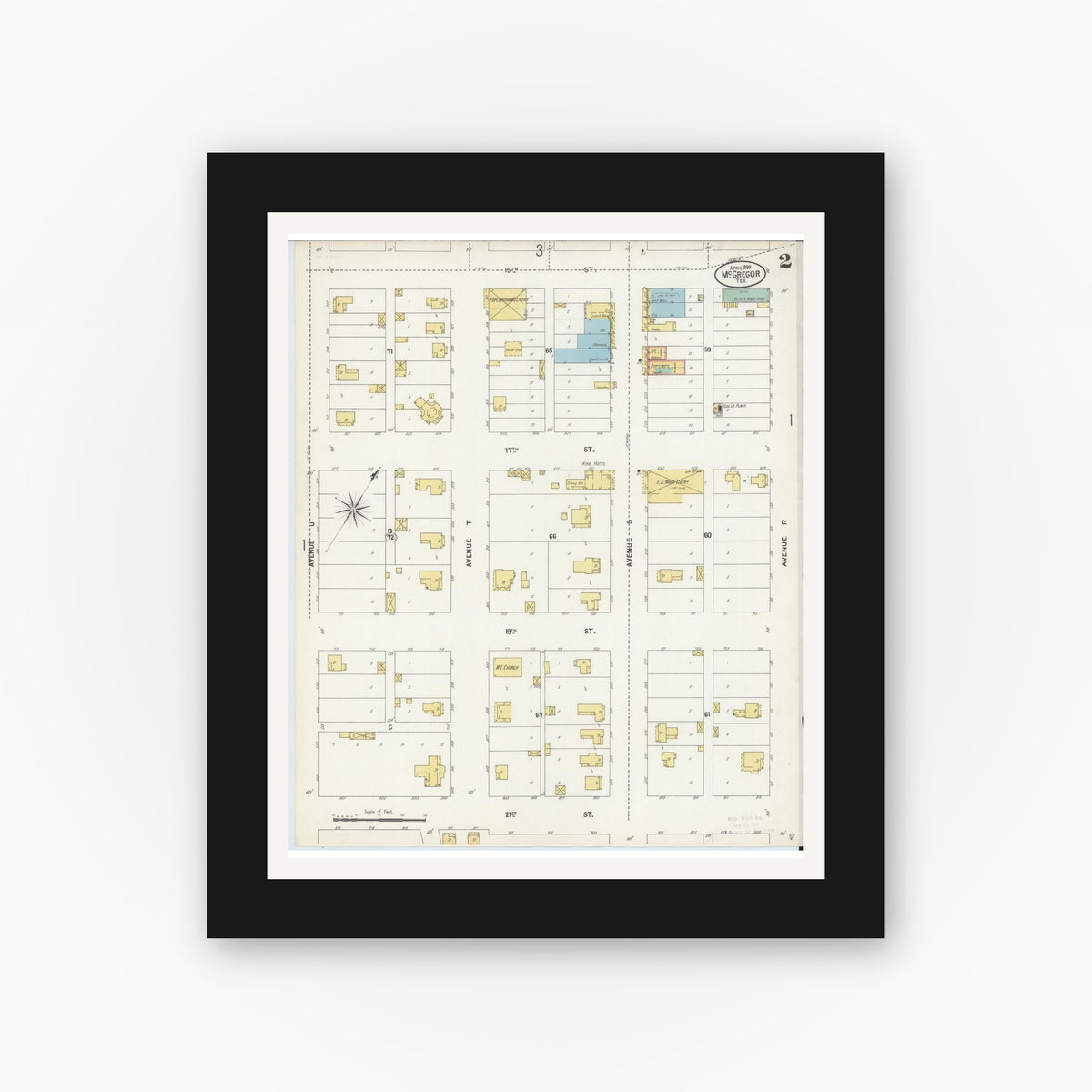 Old map wall art mockup — black gallery frame with white mat — Sanborn Fire Insurance Map from McGregor, McLennan County, Texas (1899), Sheet #0002