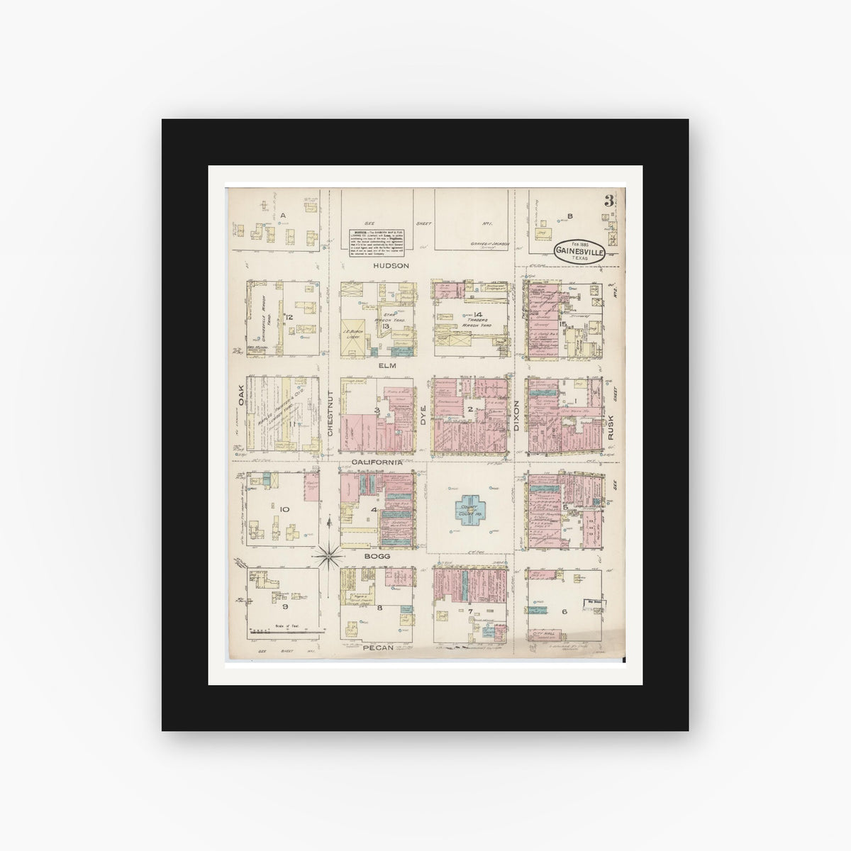 Old map wall art mockup — black gallery frame with white mat — Sanborn Fire Insurance Map from Gainesville, Cooke County, Texas (1885), Sheet #0003