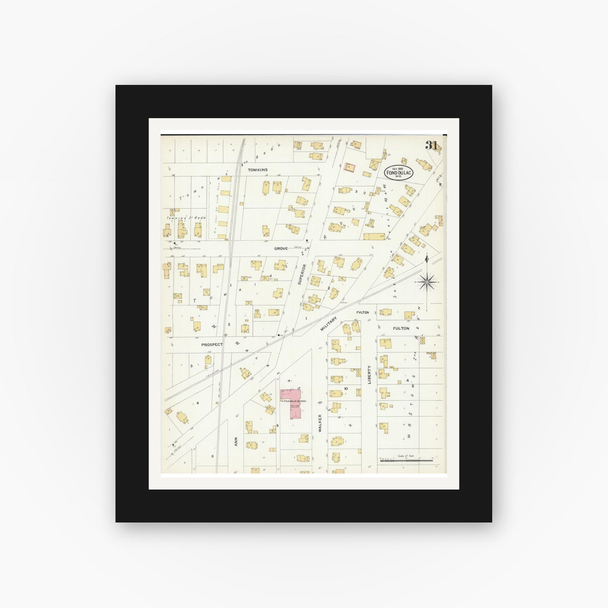 Old map wall art mockup — black gallery frame with white mat — Sanborn Fire Insurance Map from Fond du Lac, Fond du Lac County, Wisconsin (1908), Sheet #0031
