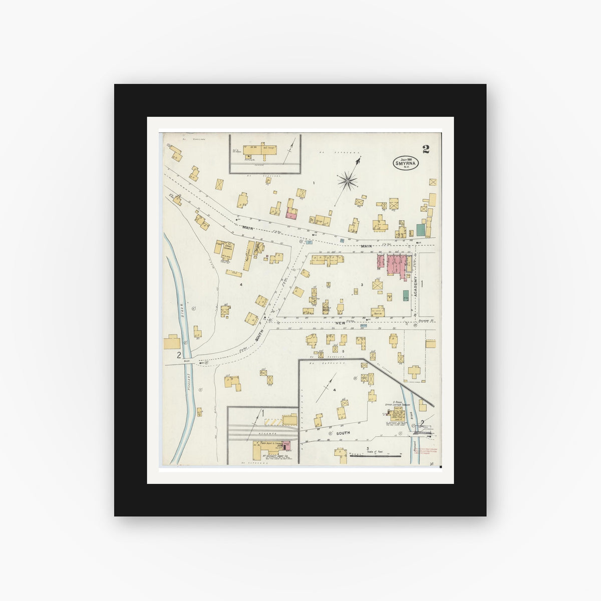 Old map wall art mockup — black gallery frame with white mat — Sanborn Fire Insurance Map from Smyrna, Chenango County, New York (1906), Sheet #0002