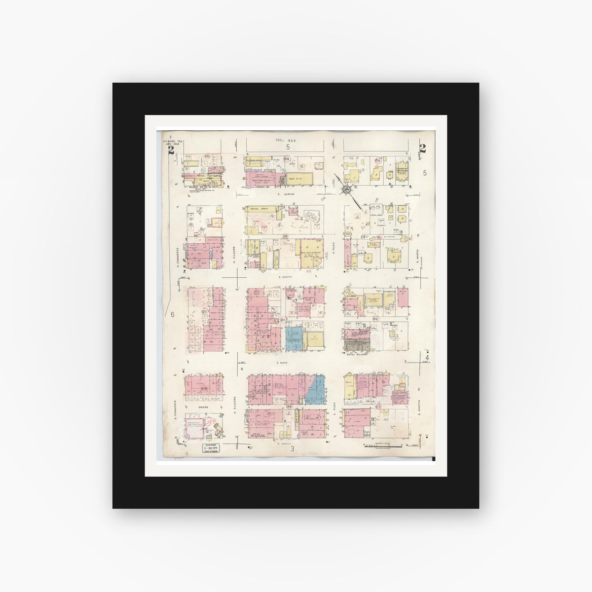 Old map wall art mockup — black gallery frame with white mat — Sanborn Fire Insurance Map from Kilgore, Gregg County, Texas (1950), Sheet #0002