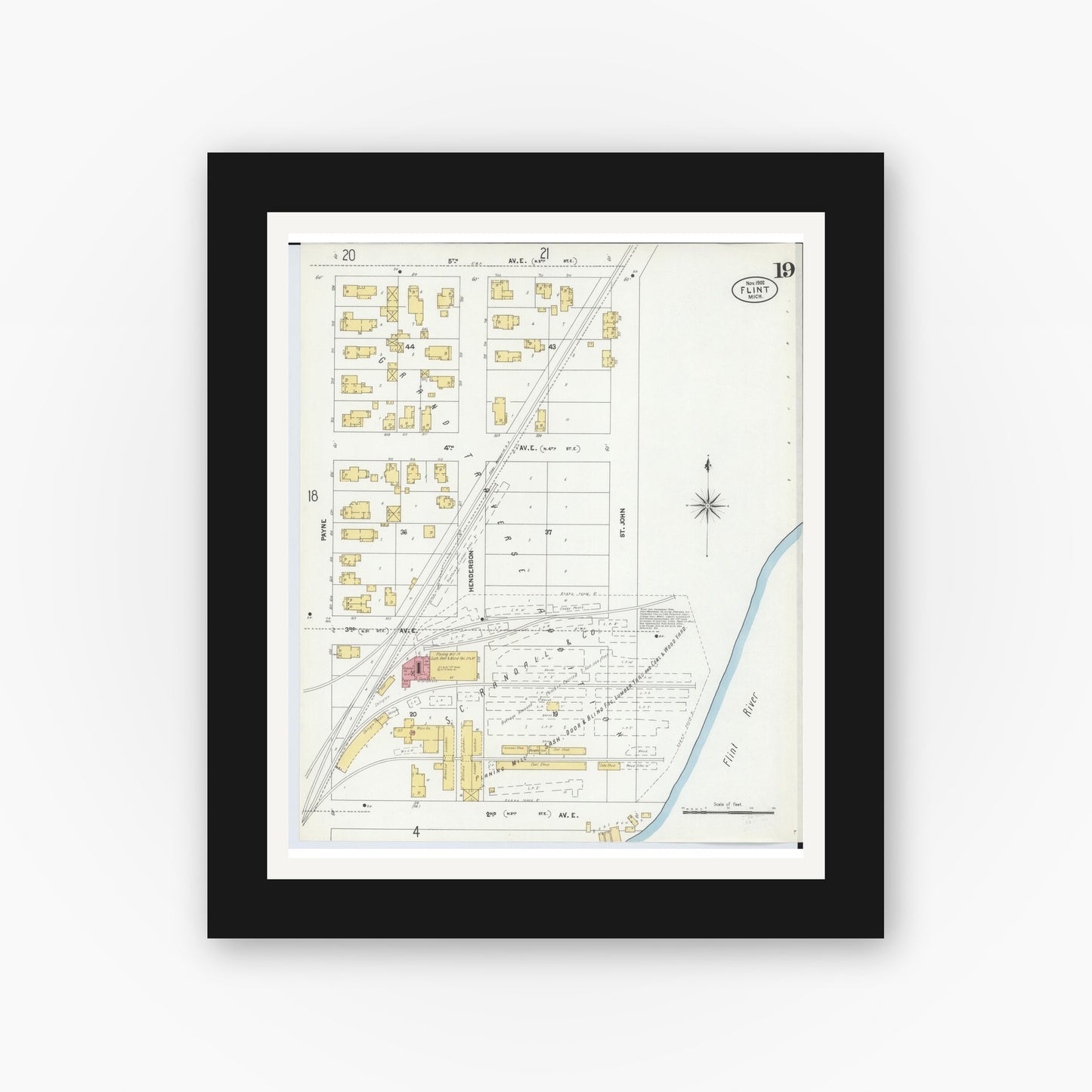 Old map wall art mockup — black gallery frame with white mat — Sanborn Fire Insurance Map from Flint, Genesee County, Michigan (1902), Sheet #0019