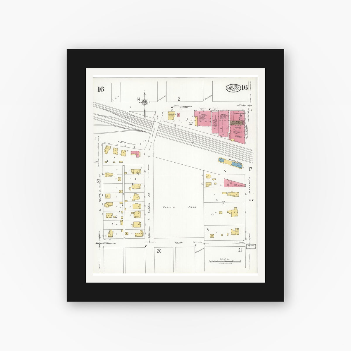 Old map wall art mockup — black gallery frame with white mat — Sanborn Fire Insurance Map from Mexico, Audrain County, Missouri (1926), Sheet #0016