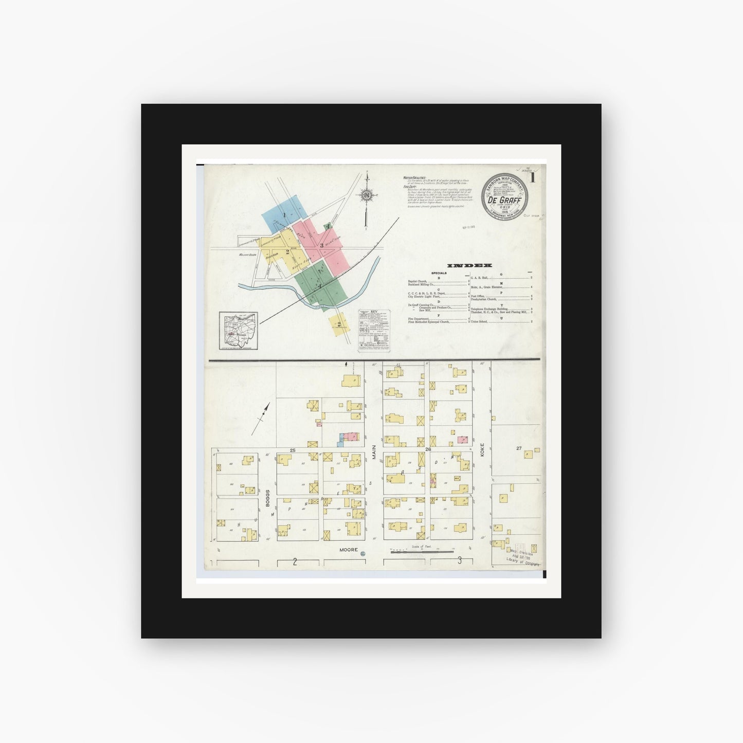 Old map wall art mockup — black gallery frame with white mat — Sanborn Fire Insurance Map from Degraff, Logan County, Ohio (1915), Sheet #0001