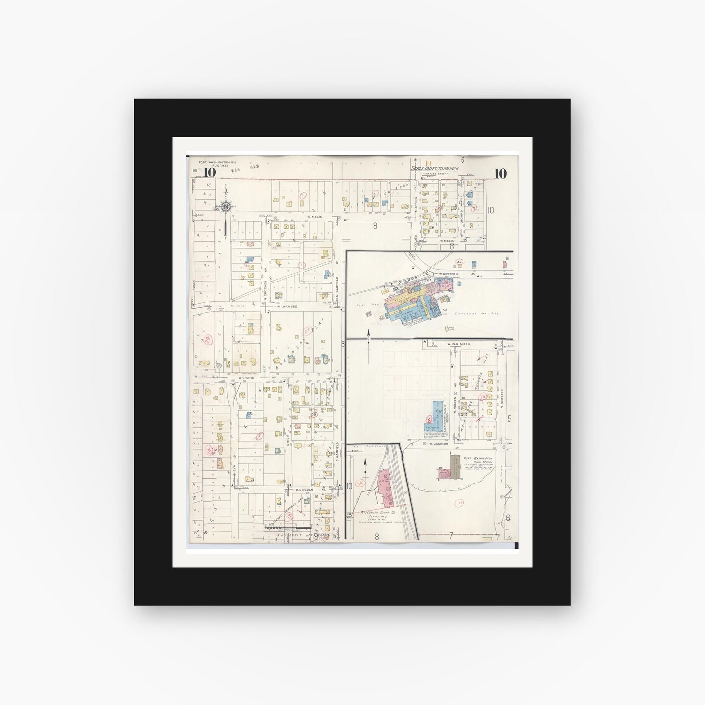 Old map wall art mockup — black gallery frame with white mat — Sanborn Fire Insurance Map from Port Washington, Ozaukee County, Wisconsin (1949), Sheet #0010