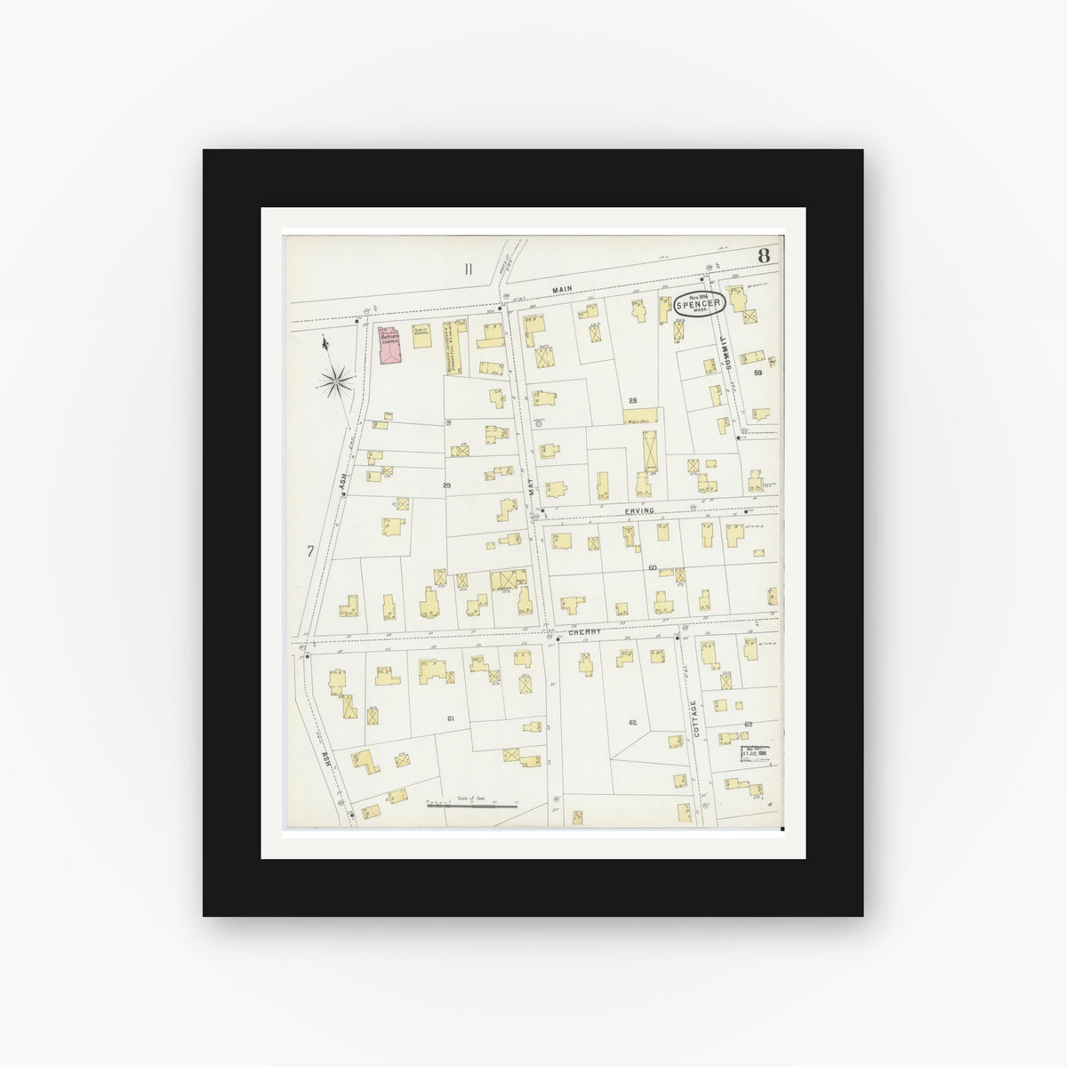 Old map wall art mockup — black gallery frame with white mat — Sanborn Fire Insurance Map from Spencer, Worcester County, Massachusetts (1896), Sheet #0008