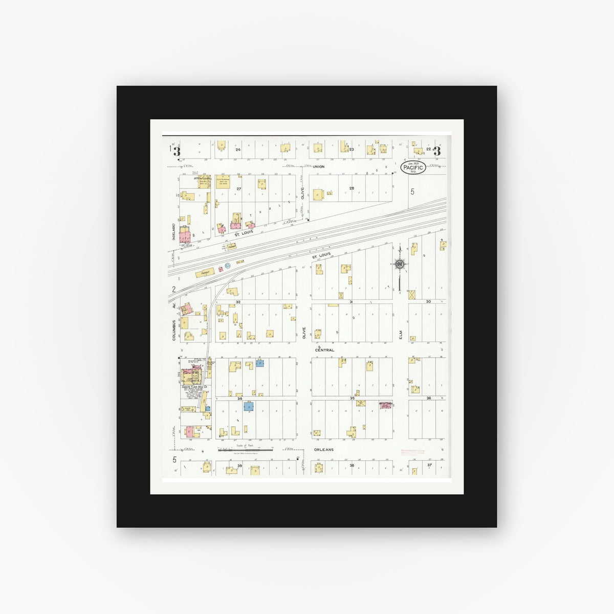 Old map wall art mockup — black gallery frame with white mat — Sanborn Fire Insurance Map from Pacific, Franklin County, Missouri (1929), Sheet #0003