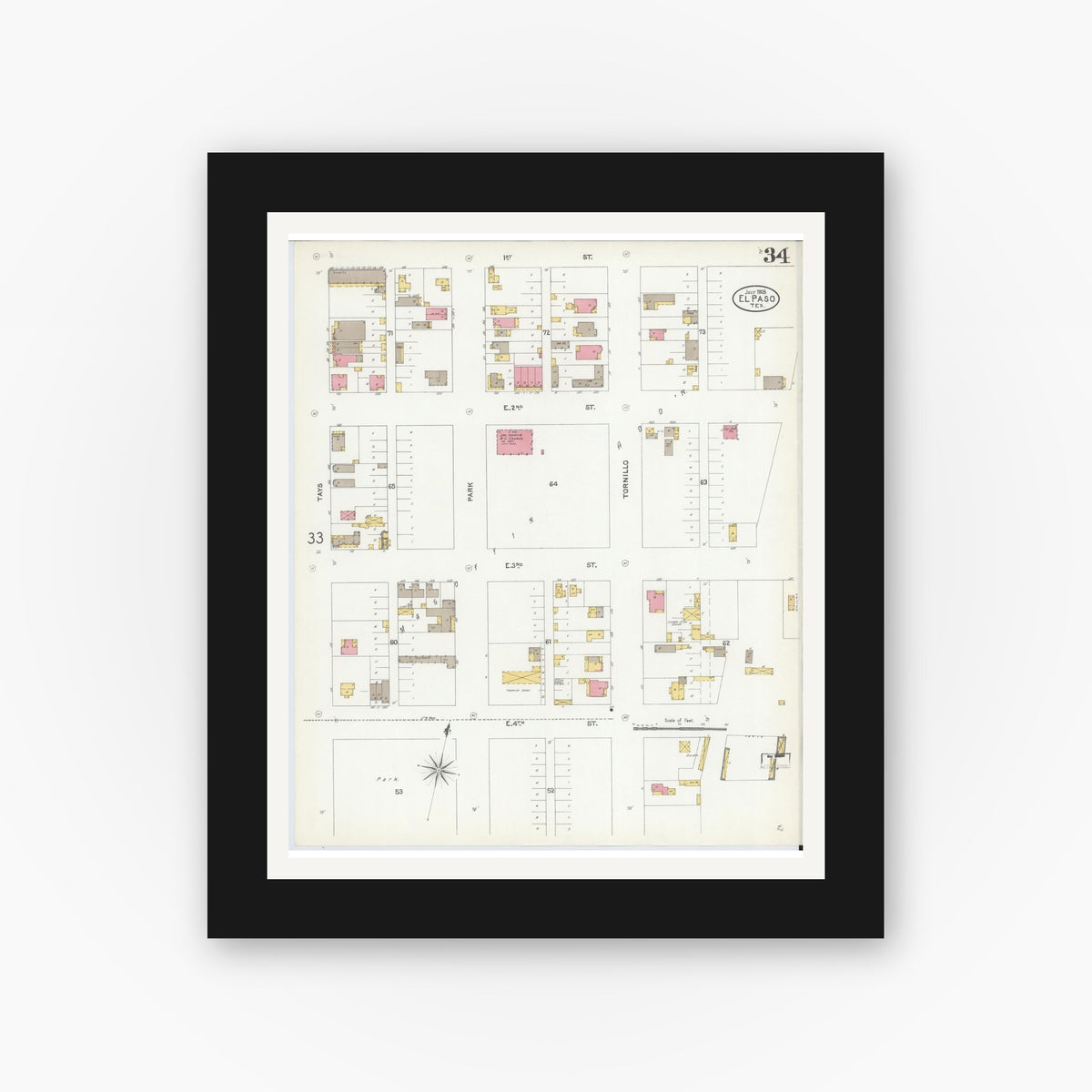 Old map wall art mockup — black gallery frame with white mat — Sanborn Fire Insurance Map from El Paso, El Paso County, Texas (1905), Sheet #0034