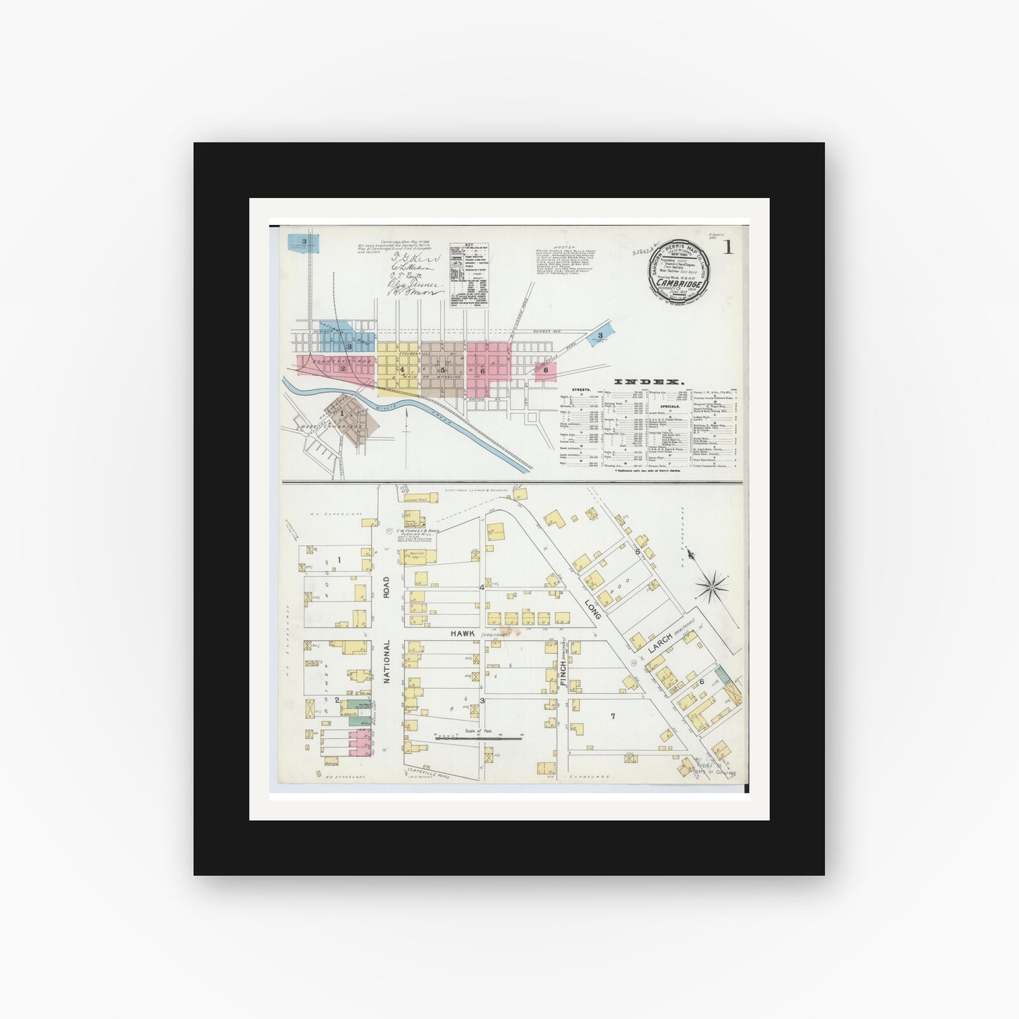 Old map wall art mockup — black gallery frame with white mat — Sanborn Fire Insurance Map from Cambridge, Guernsey County, Ohio (1892) - Complete Map Set
