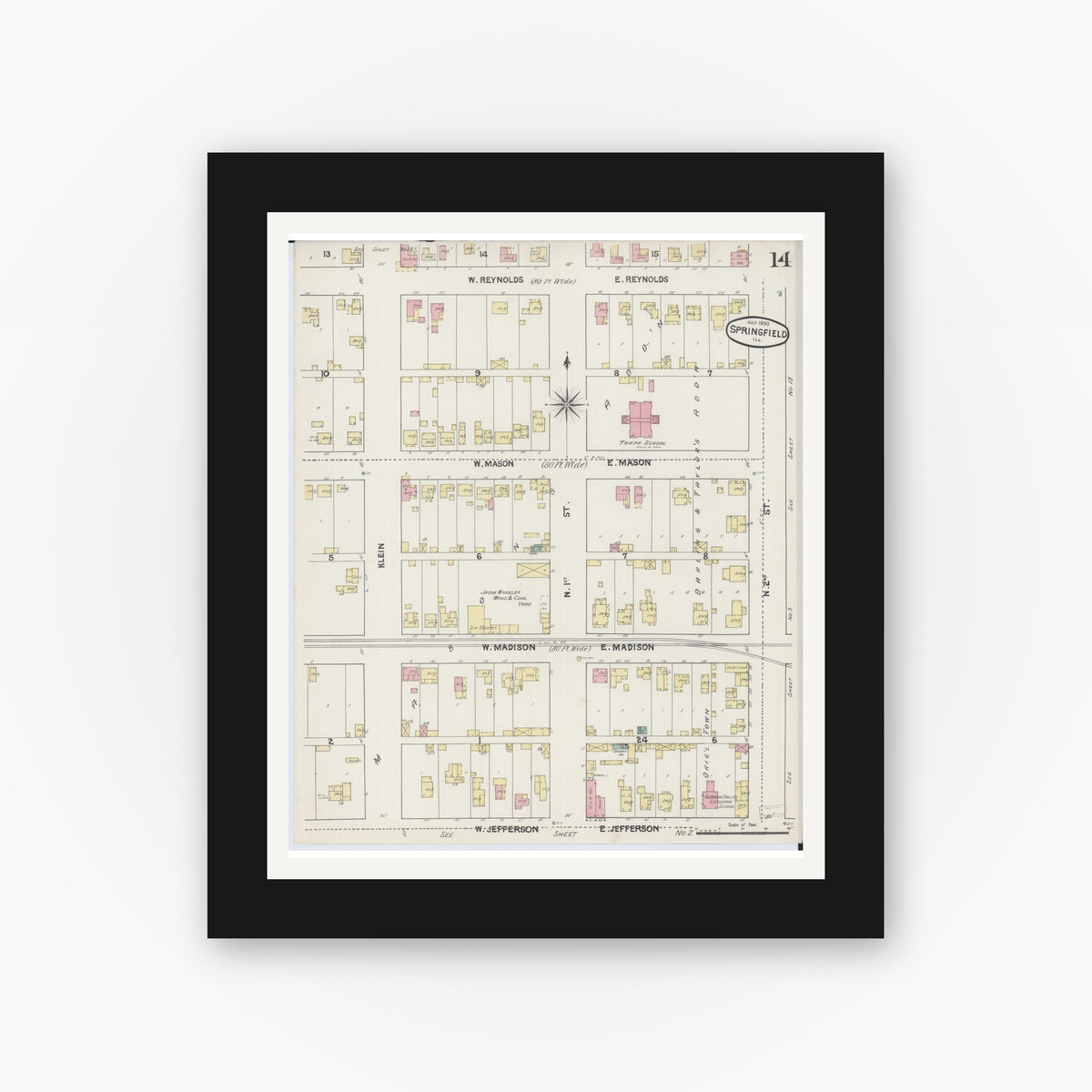 Old map wall art mockup — black gallery frame with white mat — Sanborn Fire Insurance Map from Springfield, Sangamon County, Illinois (1890), Sheet #0014