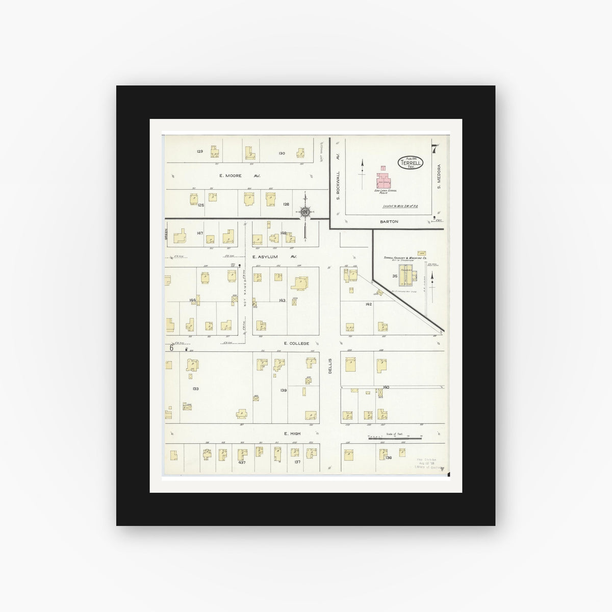 Old map wall art mockup — black gallery frame with white mat — Sanborn Fire Insurance Map from Terrell, Kaufman County, Texas (1914), Sheet #0007