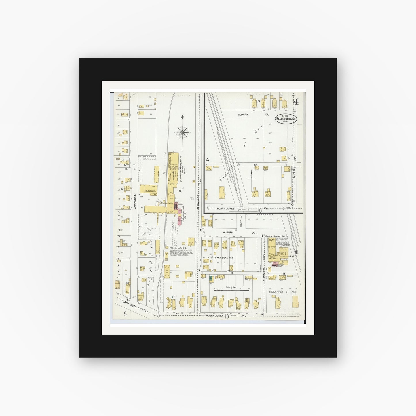 Old map wall art mockup — black gallery frame with white mat — Sanborn Fire Insurance Map from Bellefontaine, Logan County, Ohio (1901), Sheet #0004