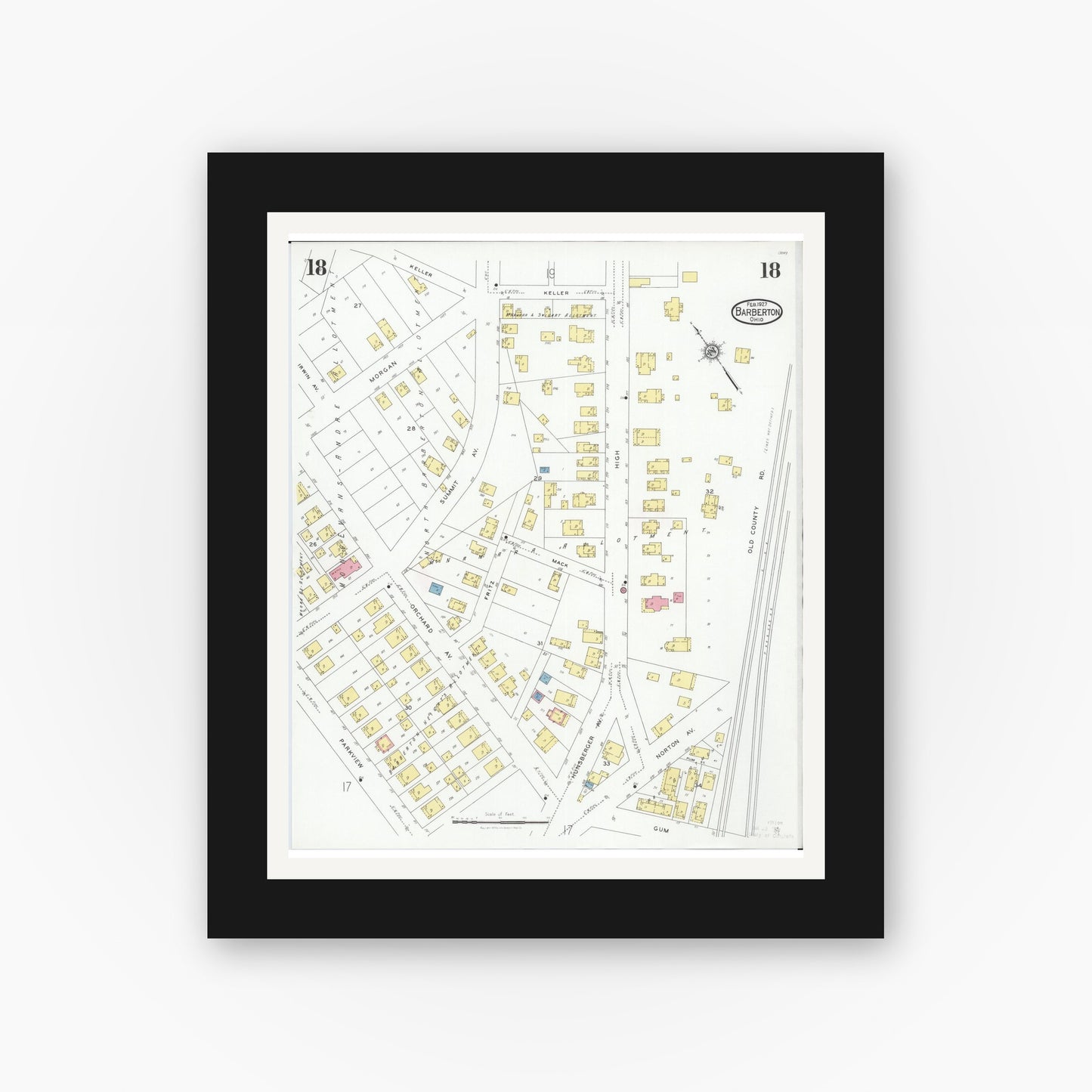 Old map wall art mockup — black gallery frame with white mat — Sanborn Fire Insurance Map from Barberton, Summit County, Ohio (1927), Sheet #0018