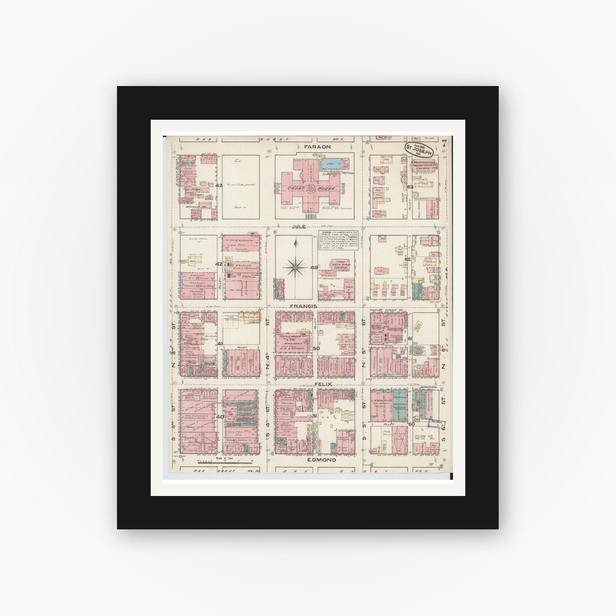Old map wall art mockup β black gallery frame with white mat β Sanborn Fire Insurance Map from Saint Joseph, Buchanan County, Missouri (1883), Sheet #0007
