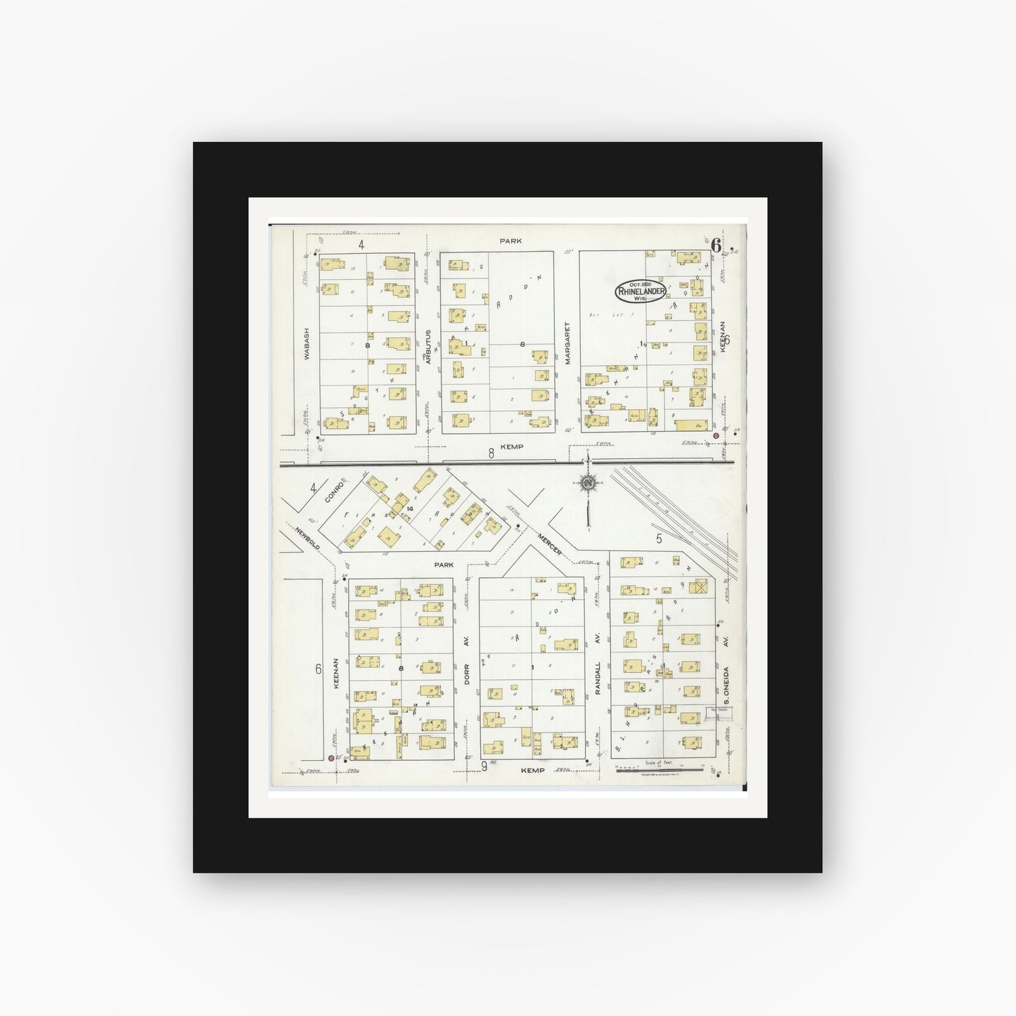 Old map wall art mockup — black gallery frame with white mat — Sanborn Fire Insurance Map from Rhinelander, Oneida County, Wisconsin (1920), Sheet #0006