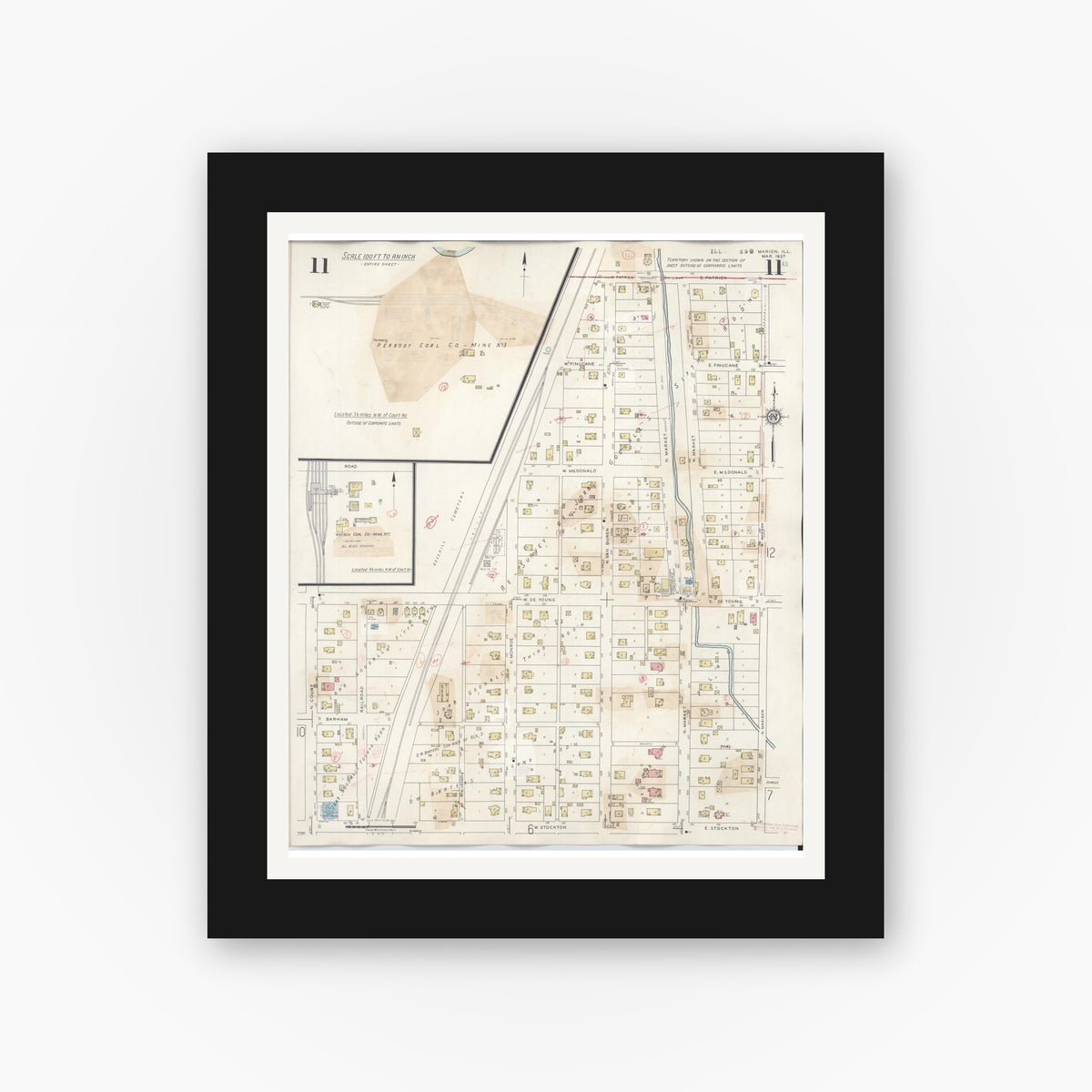 Old map wall art mockup — black gallery frame with white mat — Sanborn Fire Insurance Map from Marion, Williamson County, Illinois (1946), Sheet #0011