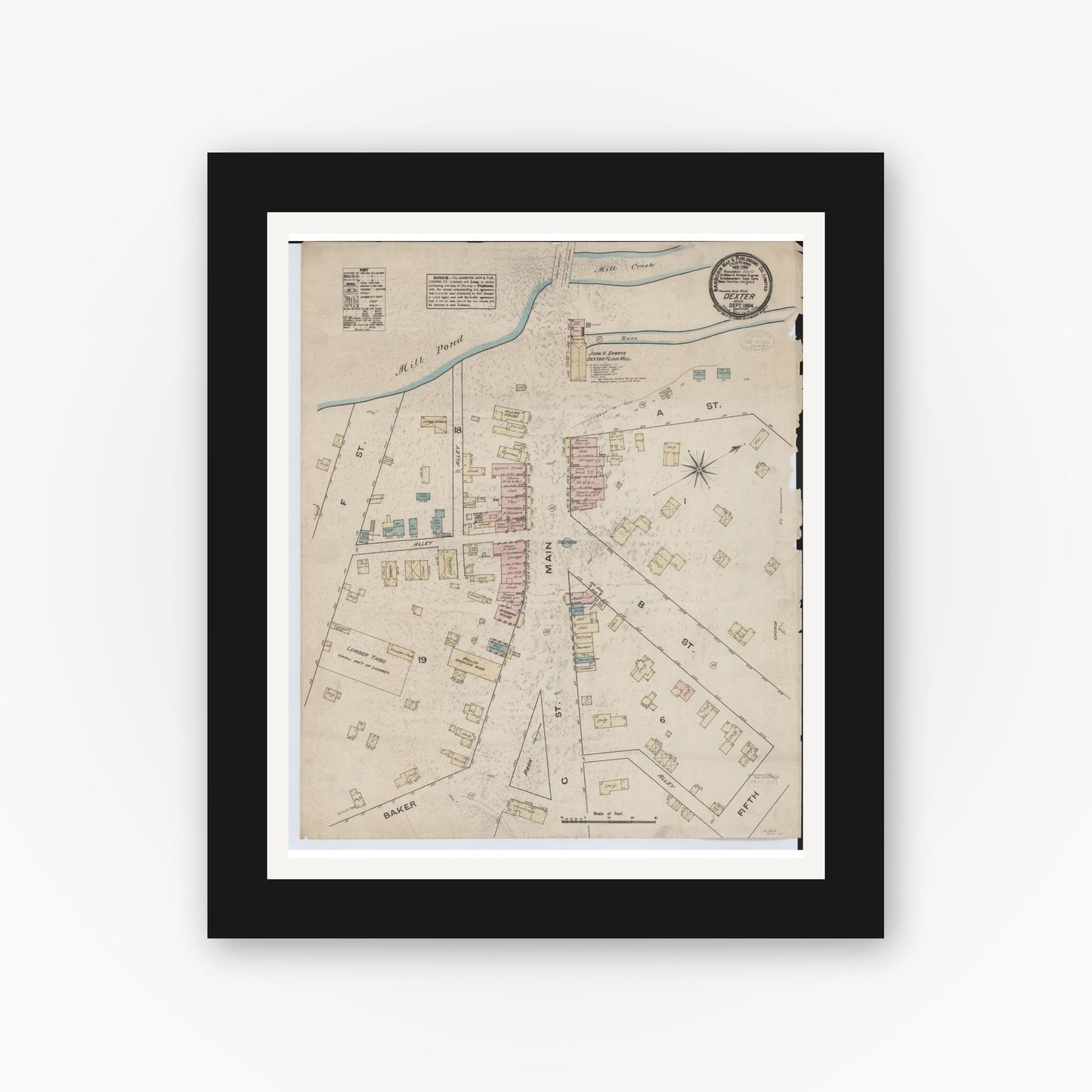 Old map wall art mockup — black gallery frame with white mat — Sanborn Fire Insurance Map from Dexter, Washtenaw County, Michigan (1884), Sheet #0001
