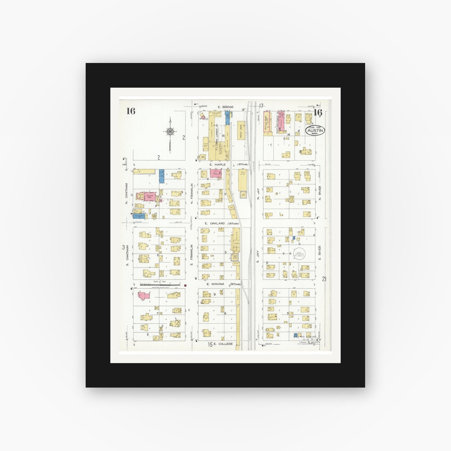 Old map wall art mockup — black gallery frame with white mat — Sanborn Fire Insurance Map from Austin, Mower County, Minnesota (1926), Sheet #0016