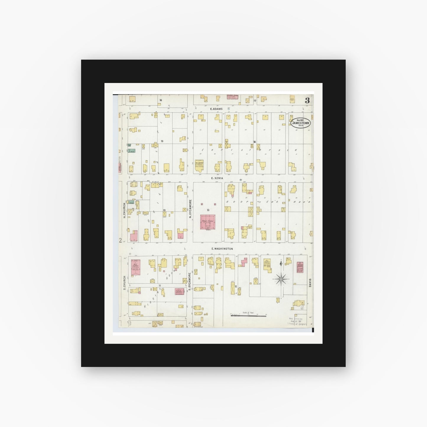 Old map wall art mockup — black gallery frame with white mat — Sanborn Fire Insurance Map from Jamestown, Greene County, Ohio (1899), Sheet #0003