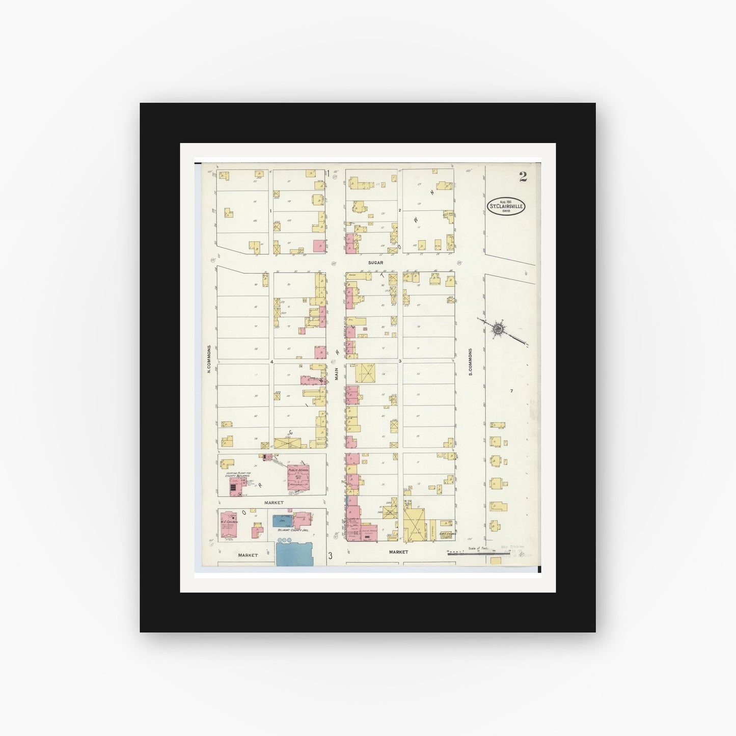 Old map wall art mockup — black gallery frame with white mat — Sanborn Fire Insurance Map from Saint Clairsville, Belmont County, Ohio (1911), Sheet #0002