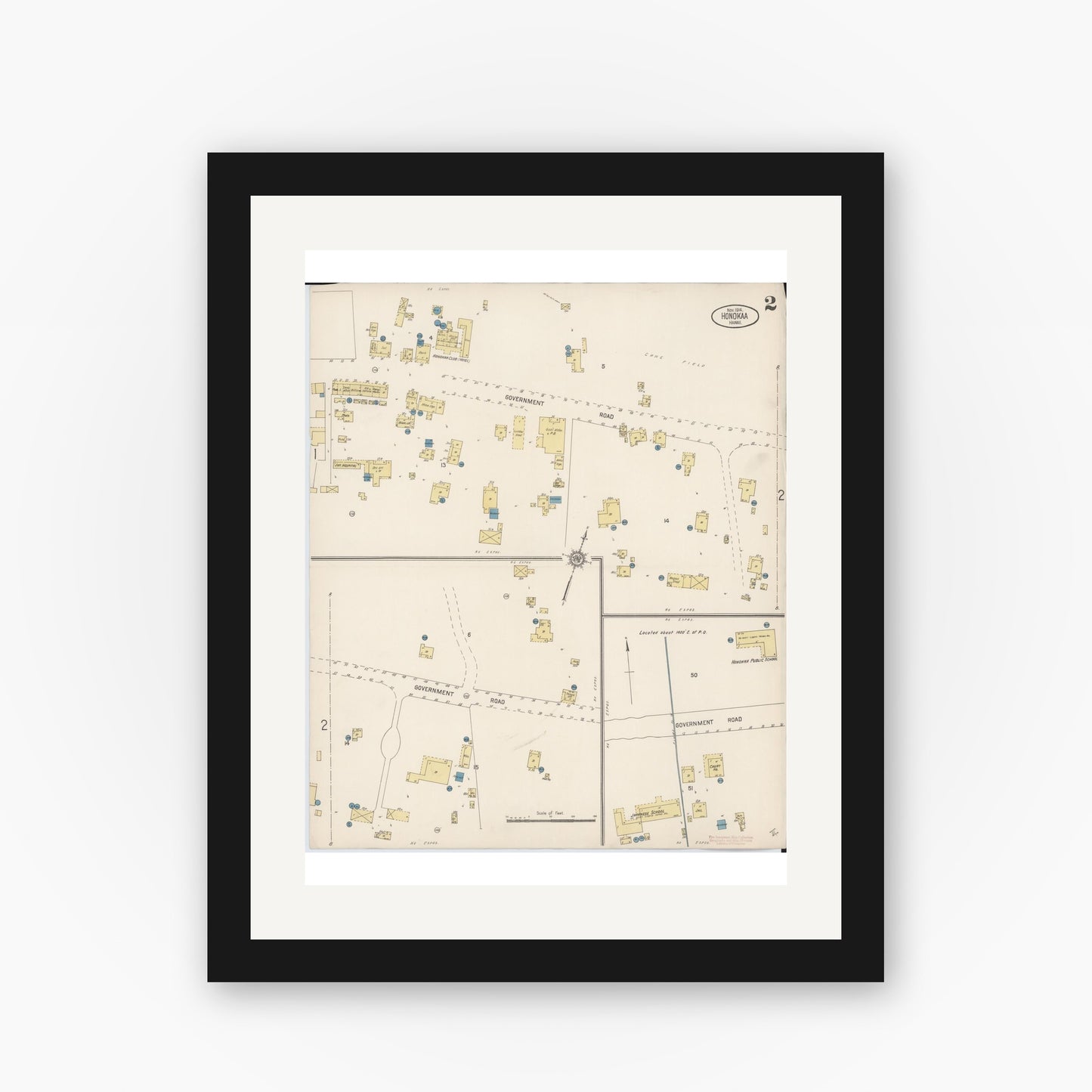 Old map wall art mockup — black gallery frame with white mat — Sanborn Fire Insurance Map from Honokaa, Hawaii County, Hawaii (1914), Sheet #0002