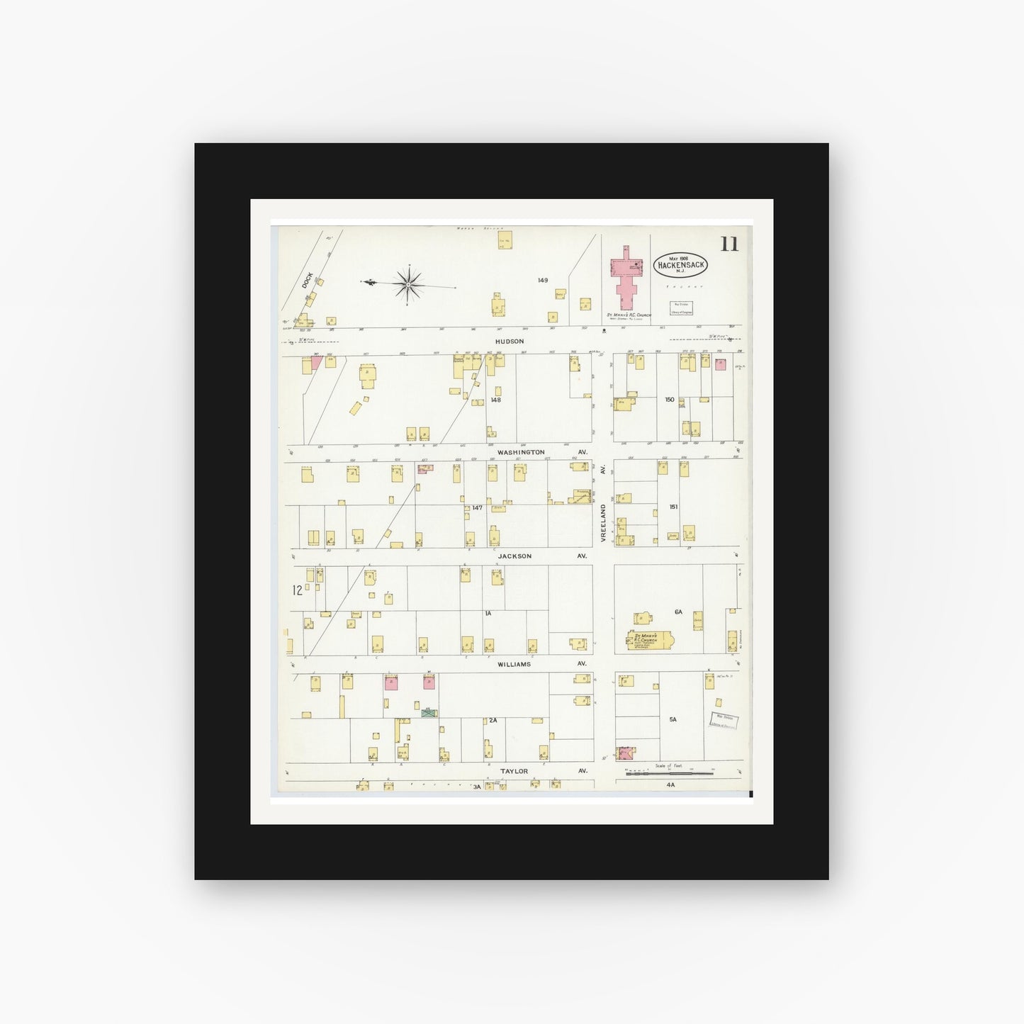 Old map wall art mockup — black gallery frame with white mat — Sanborn Fire Insurance Map from Hackensack, Bergen County, New Jersey (1908), Sheet #0011