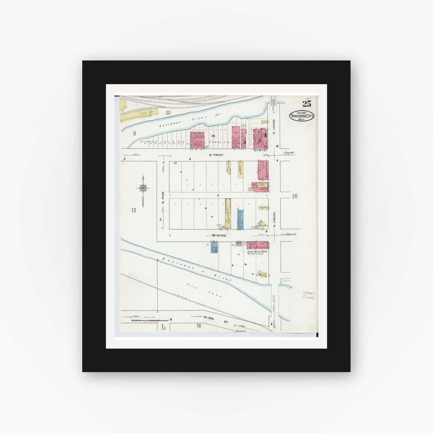Old map wall art mockup — black gallery frame with white mat — Sanborn Fire Insurance Map from Traverse City, Grand Traverse County, Michigan (1920), Sheet #0025