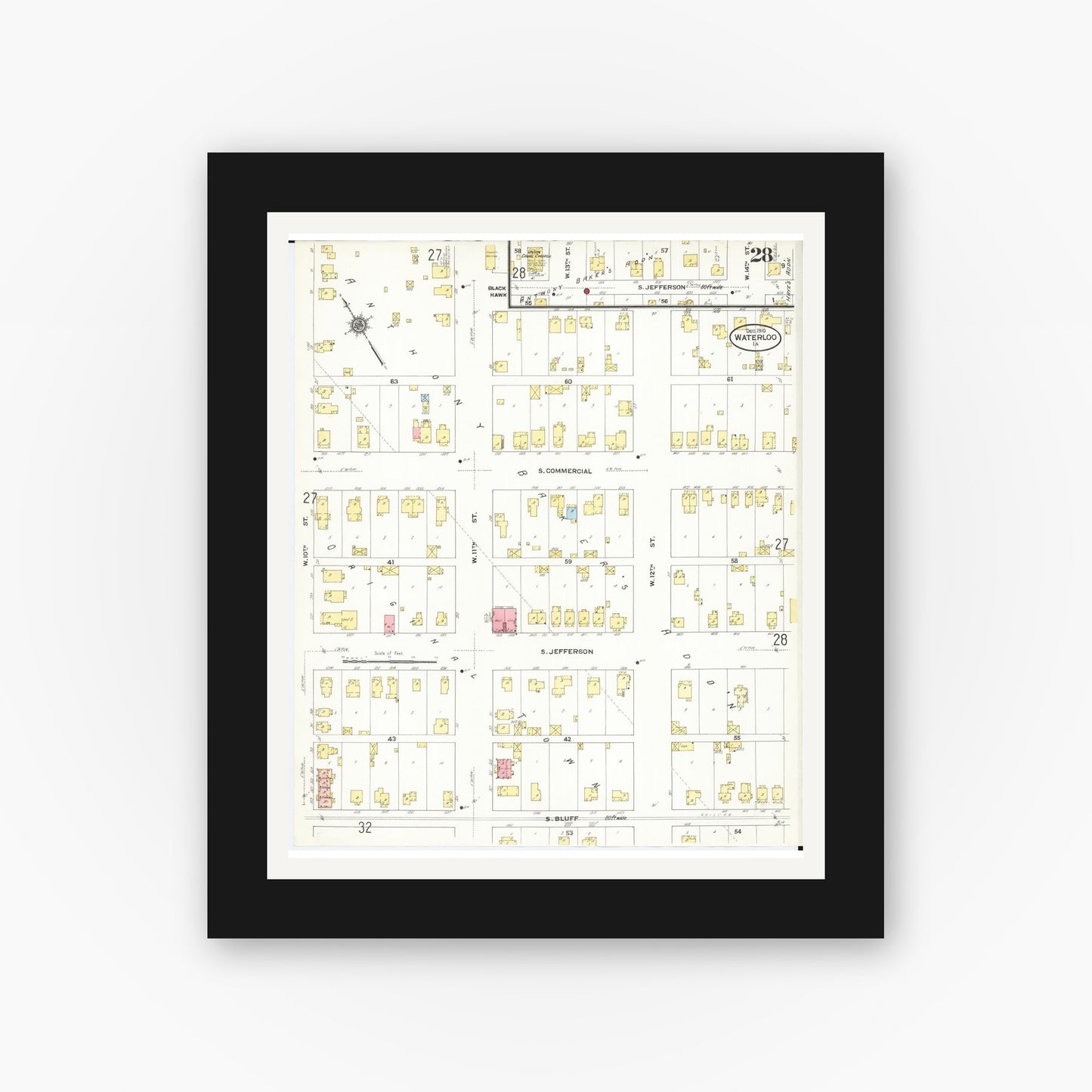 Old map wall art mockup — black gallery frame with white mat — Sanborn Fire Insurance Map from Waterloo, Black Hawk County, Iowa (1910), Sheet #0028