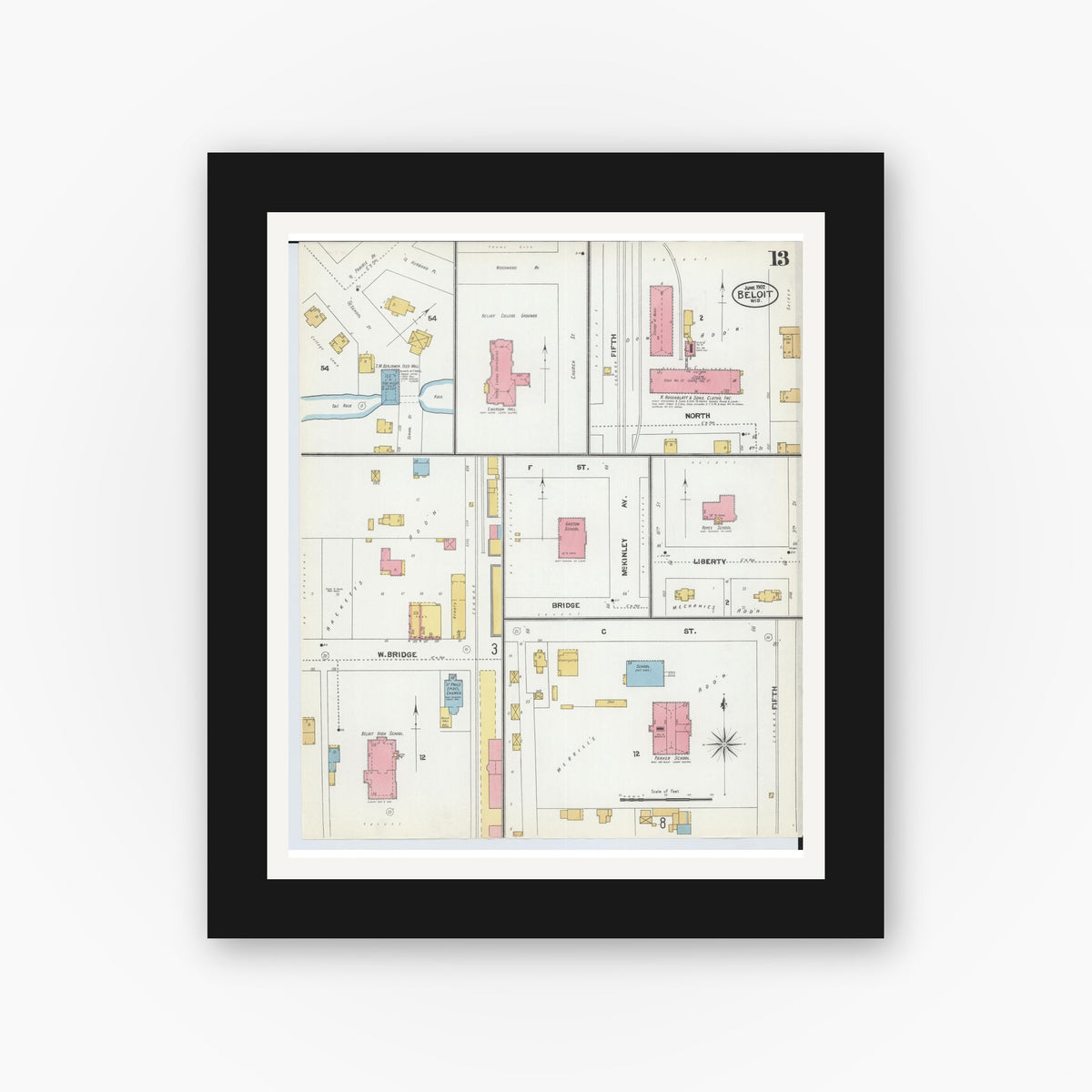 Old map wall art mockup — black gallery frame with white mat — Sanborn Fire Insurance Map from Beloit, Rock County, Wisconsin (1902), Sheet #0013