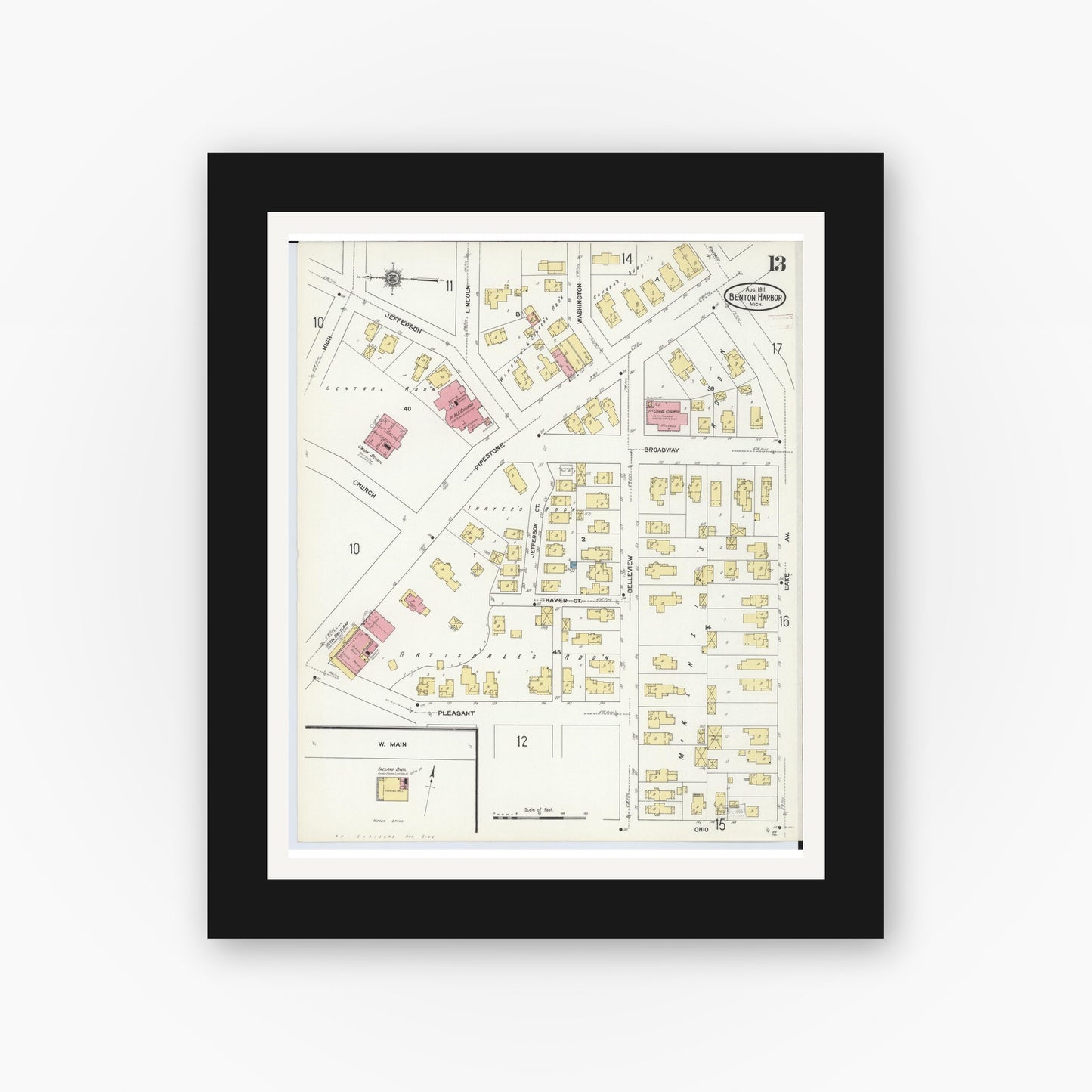Old map wall art mockup — black gallery frame with white mat — Sanborn Fire Insurance Map from Benton Harbor, Berrien County, Michigan (1911), Sheet #0013