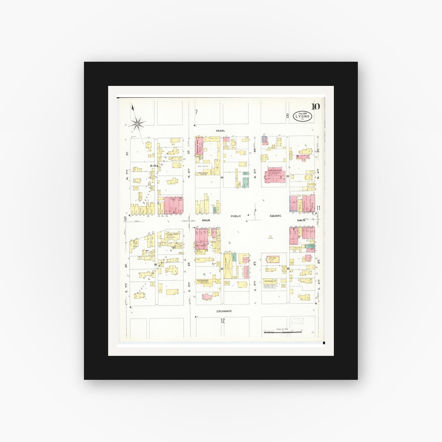 Old map wall art mockup — black gallery frame with white mat — Sanborn Fire Insurance Map from Lyons, Clinton County, Iowa (1909), Sheet #0010