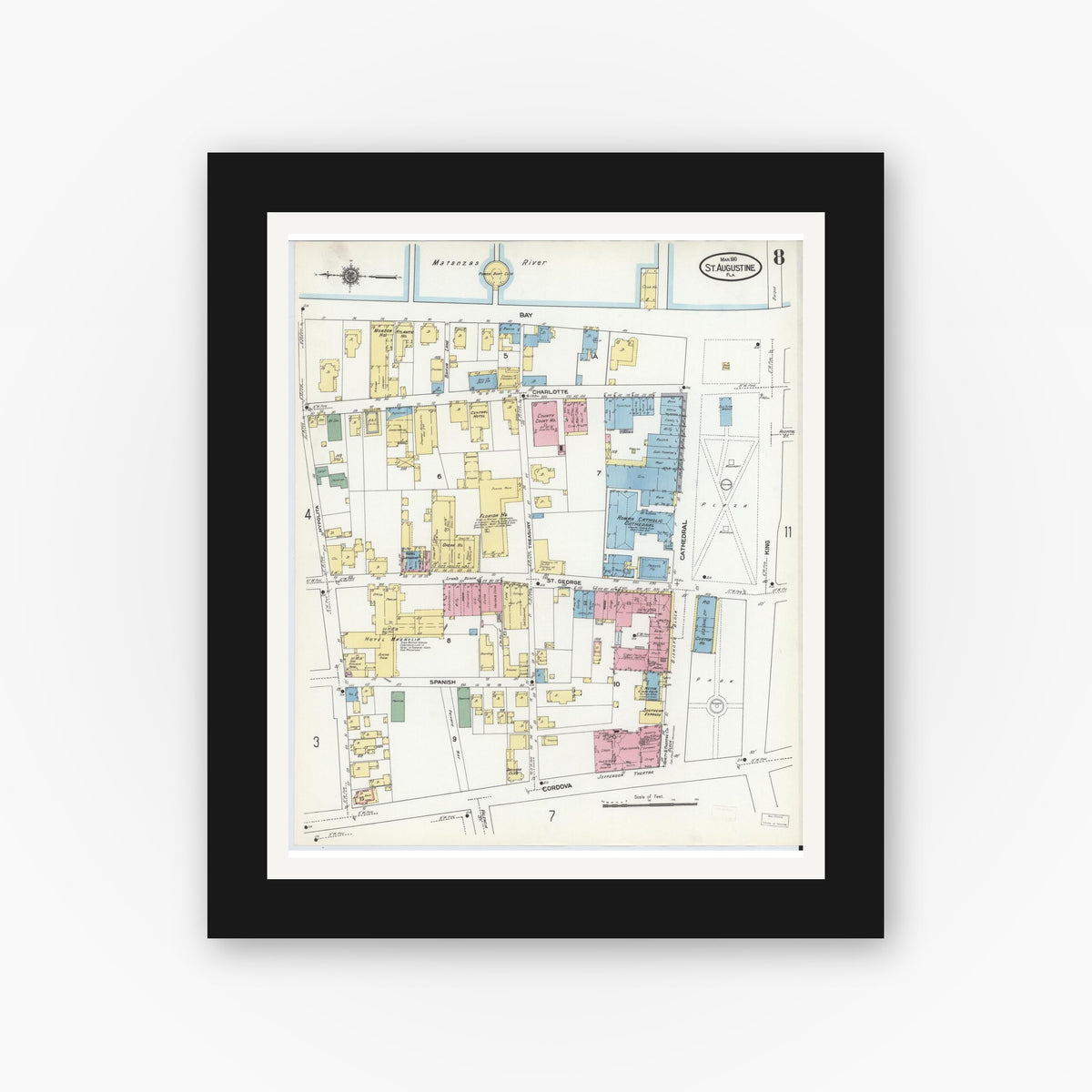 Old map wall art mockup — black gallery frame with white mat — Sanborn Fire Insurance Map from Saint Augustine, Saint John's County, Florida (1910), Sheet #0008