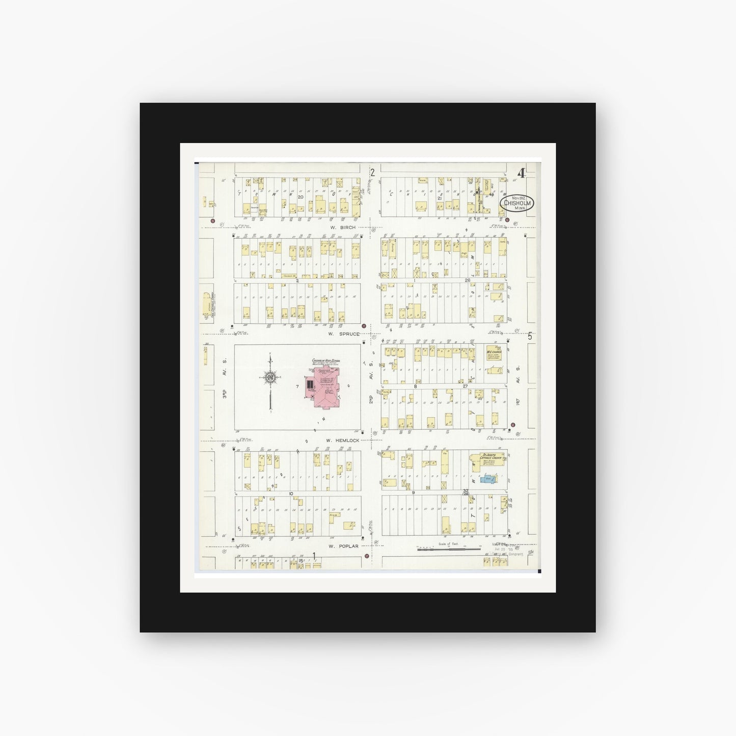 Old map wall art mockup — black gallery frame with white mat — Sanborn Fire Insurance Map from Chisholm, Saint Louis County, Minnesota (1912), Sheet #0004