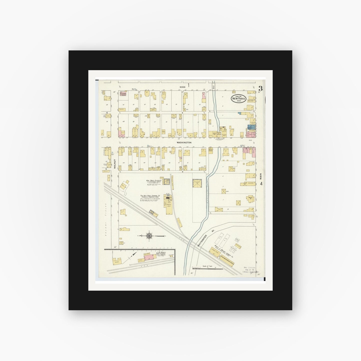 Old map wall art mockup — black gallery frame with white mat — Sanborn Fire Insurance Map from New Paris, Preble County, Ohio (1911), Sheet #0003