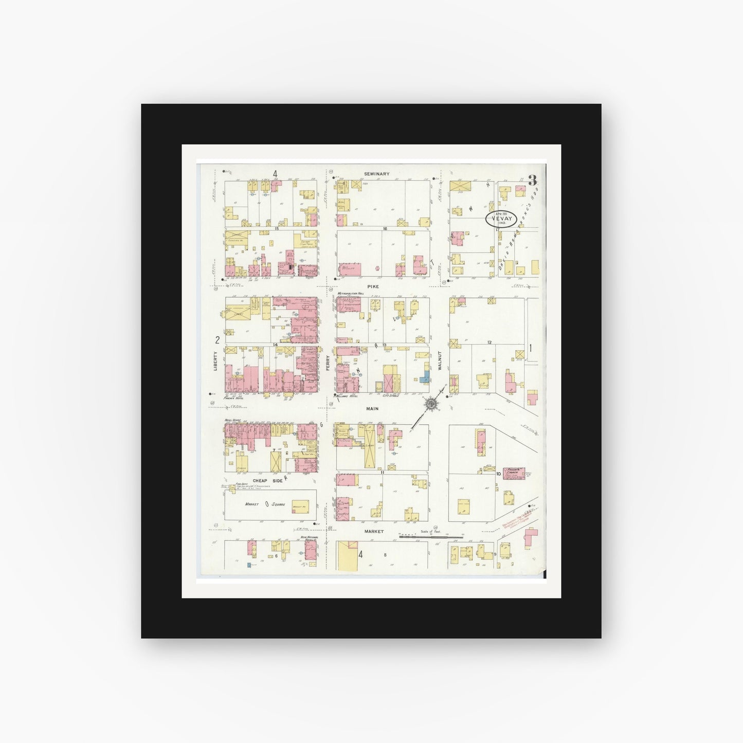 Old map wall art mockup — black gallery frame with white mat — Sanborn Fire Insurance Map from Vevay, Switzerland County, Indiana (1911), Sheet #0003
