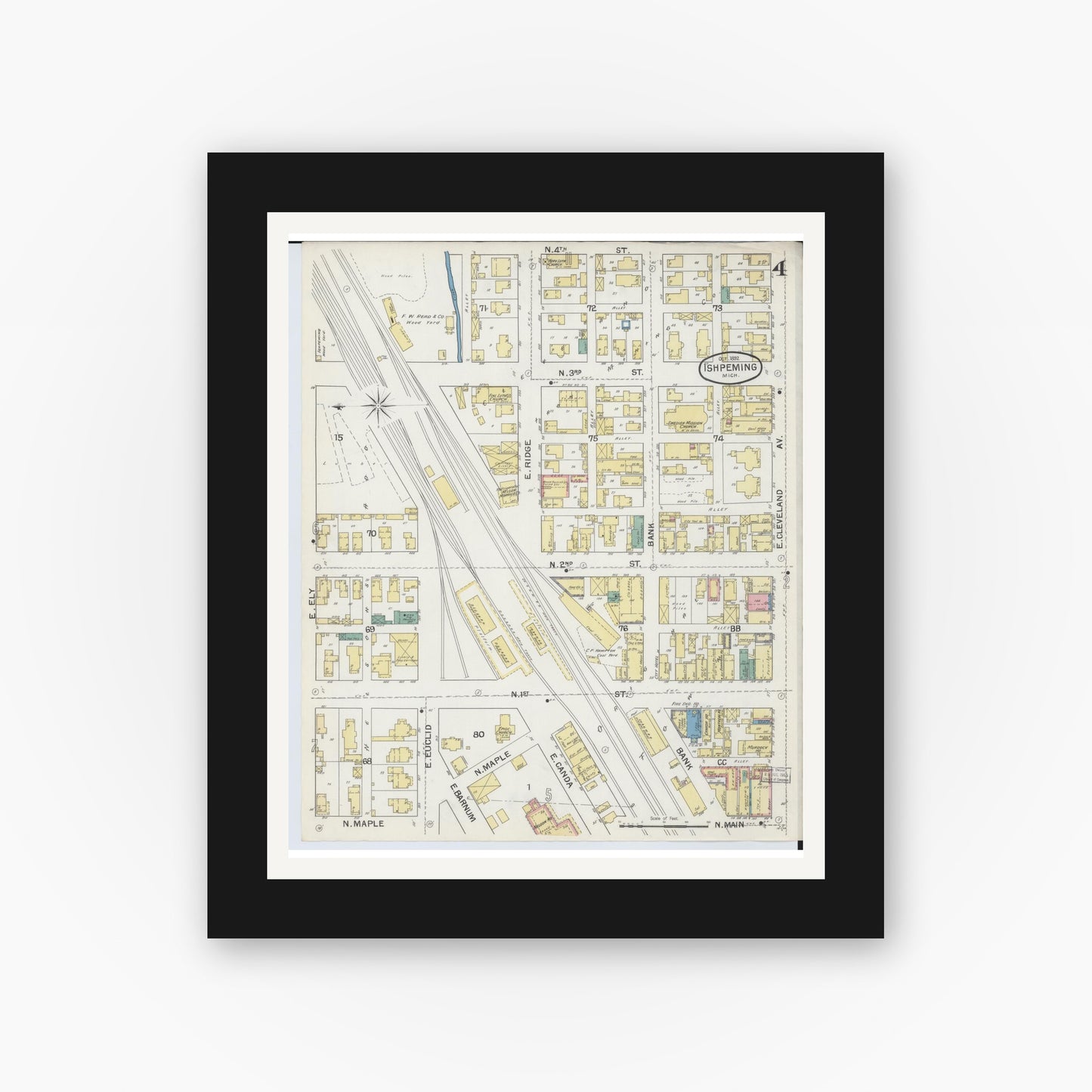 Old map wall art mockup — black gallery frame with white mat — Sanborn Fire Insurance Map from Ishpeming, Marquette County, Michigan (1892), Sheet #0004